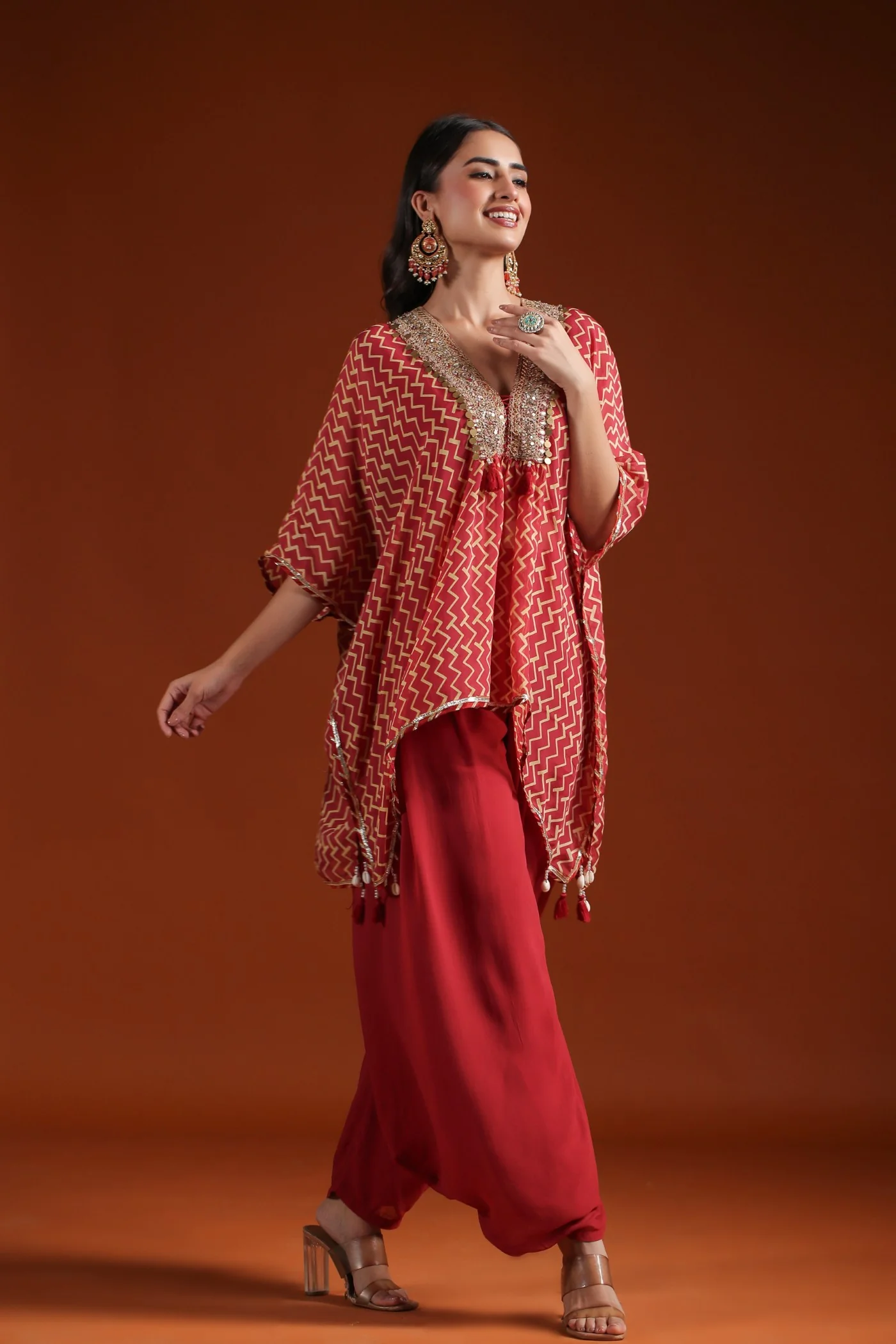 Rustic Red Chevron Organza Silk Kaftan with Palazzo - Image 6