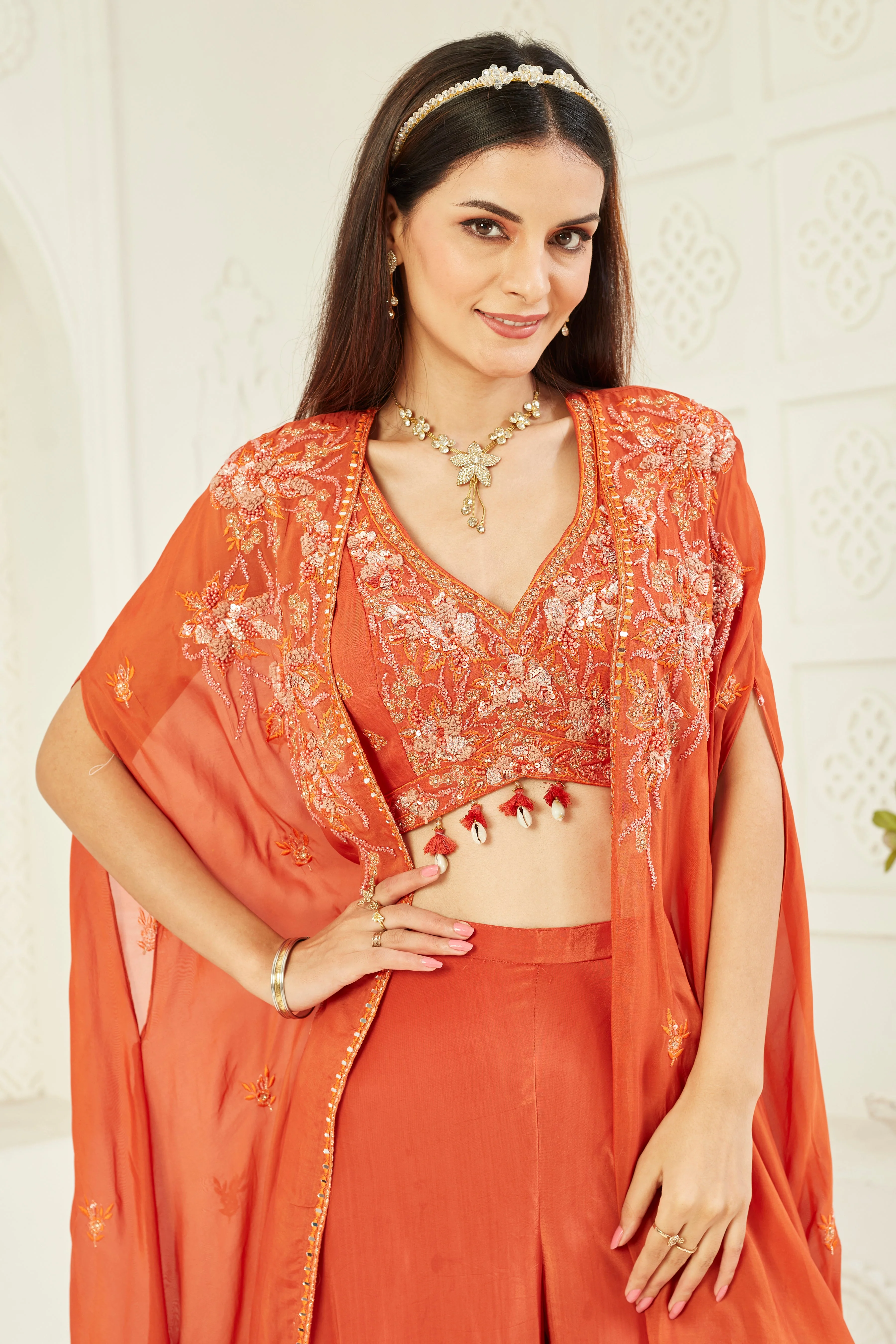Rustic Red Embellished Georgette Silk Cape Set - Image 2