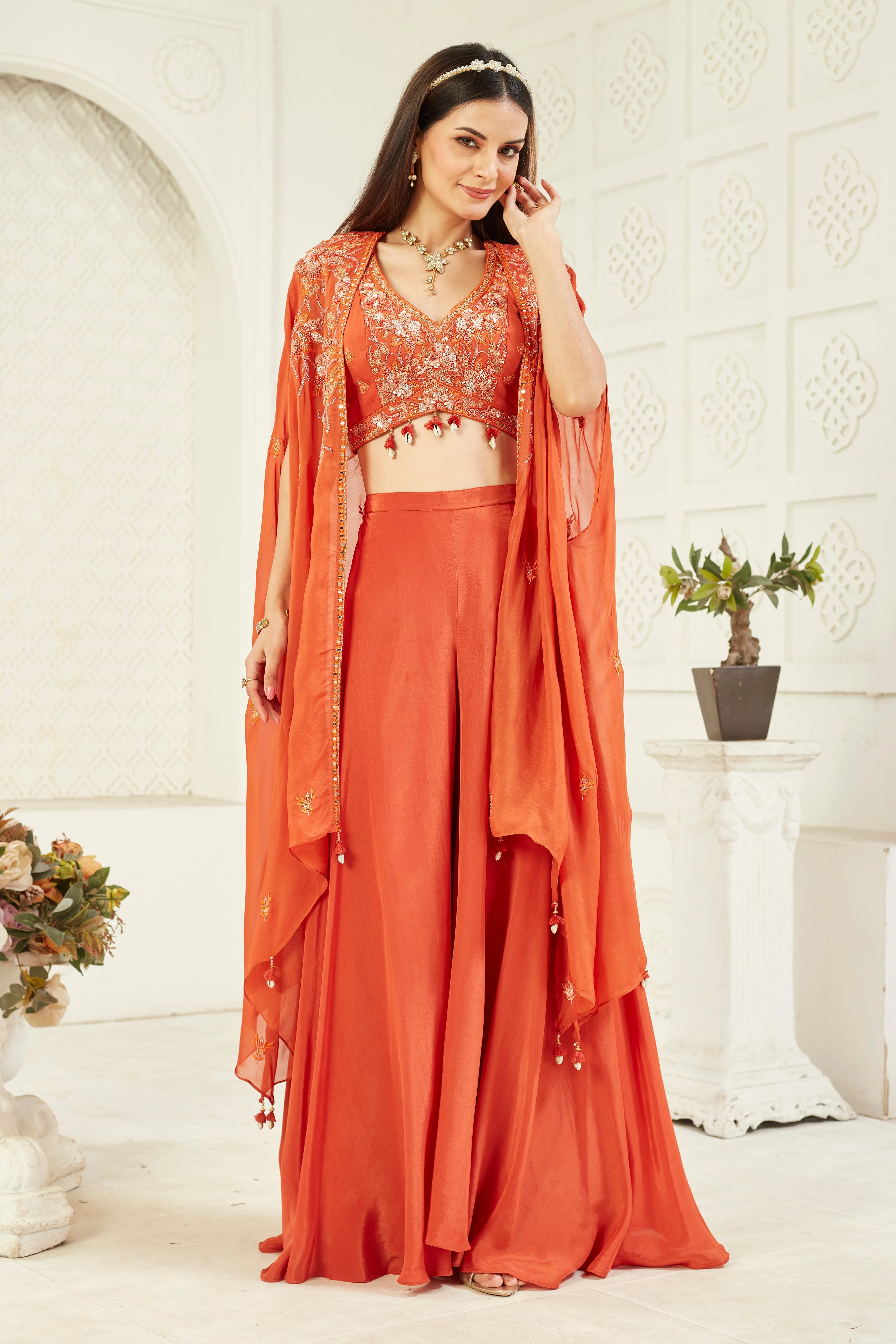 Rustic Red Embellished Georgette Silk Cape Set - Image 3
