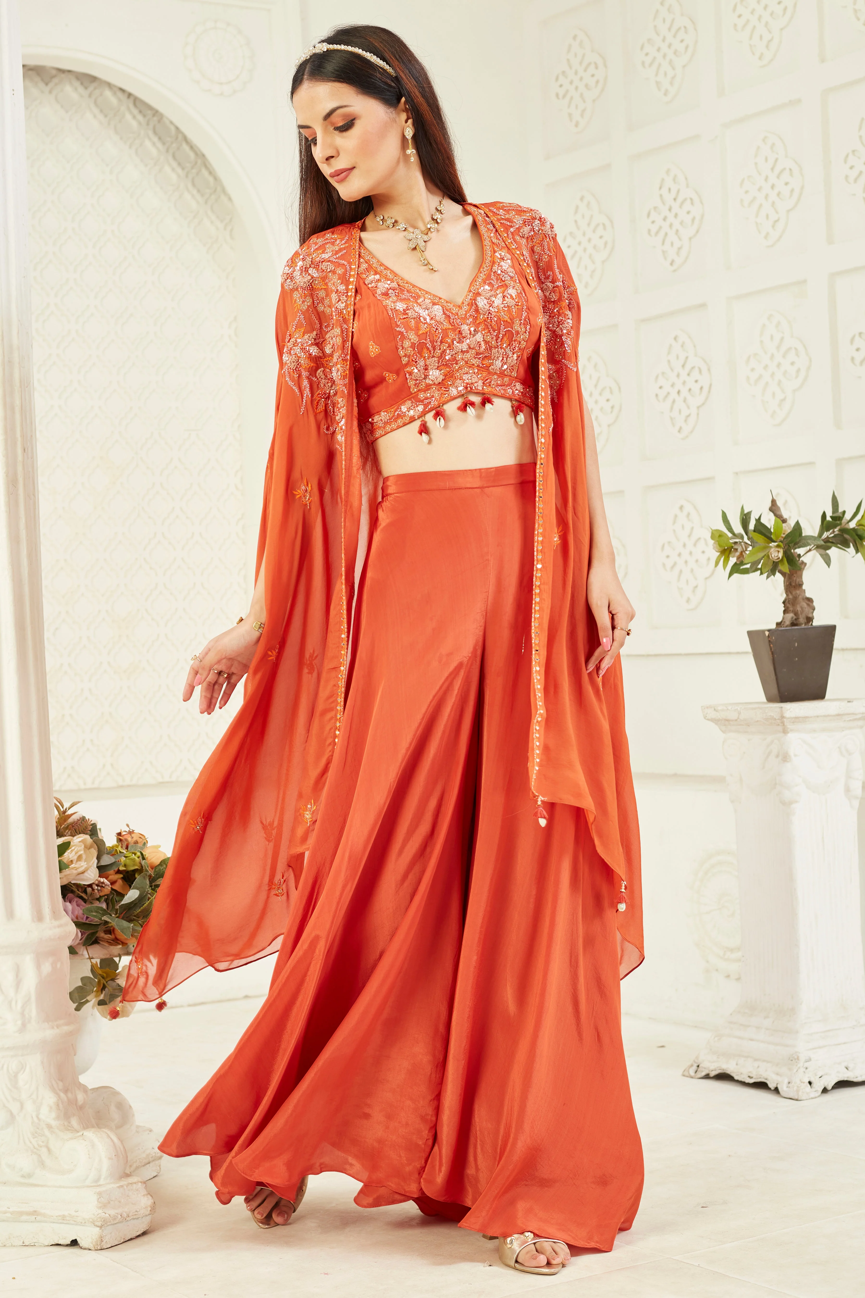 Rustic Red Embellished Georgette Silk Cape Set - Image 4