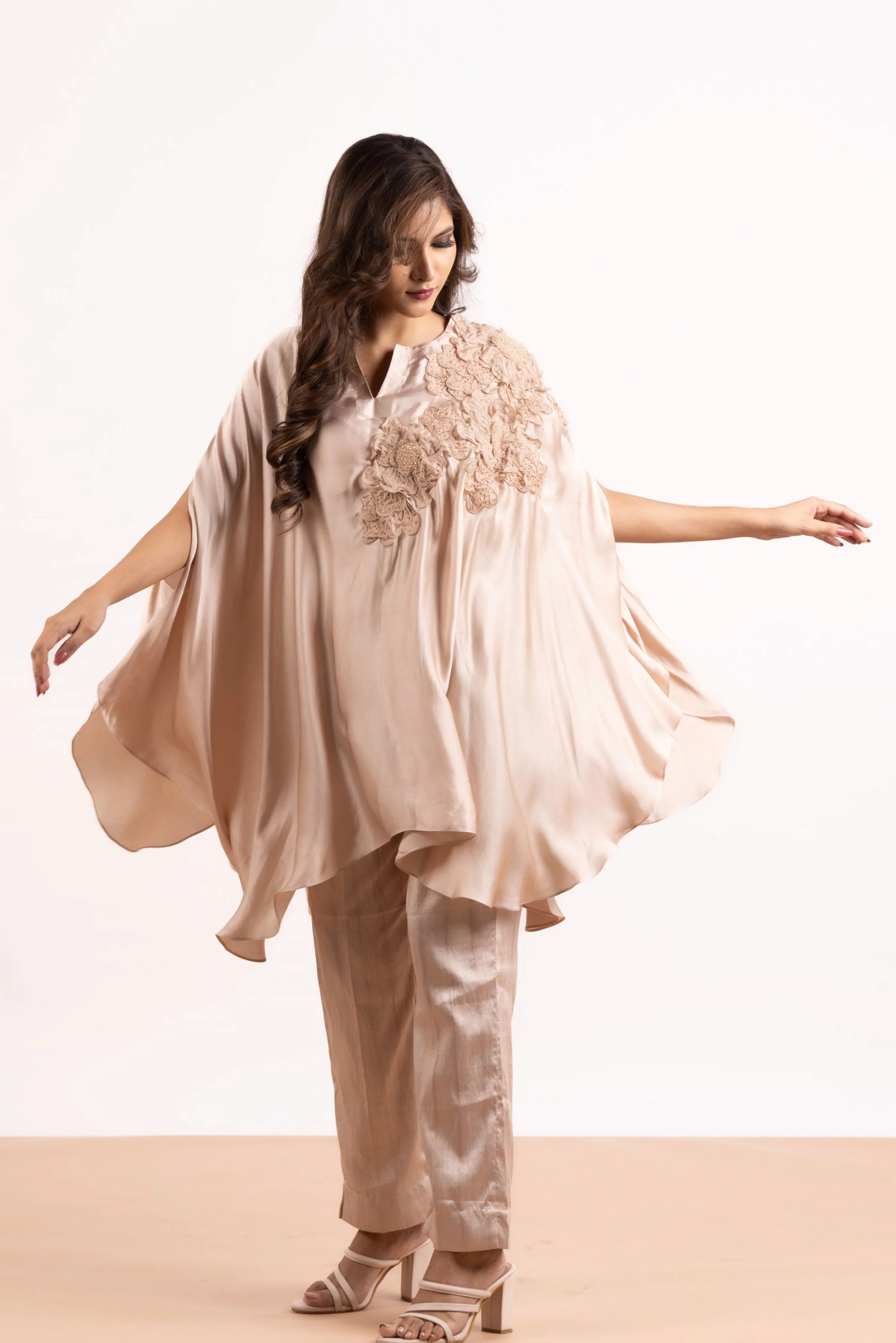 Beige Gold Floral Embellished Pure Satin Silk Co-Ord Set - Image 2