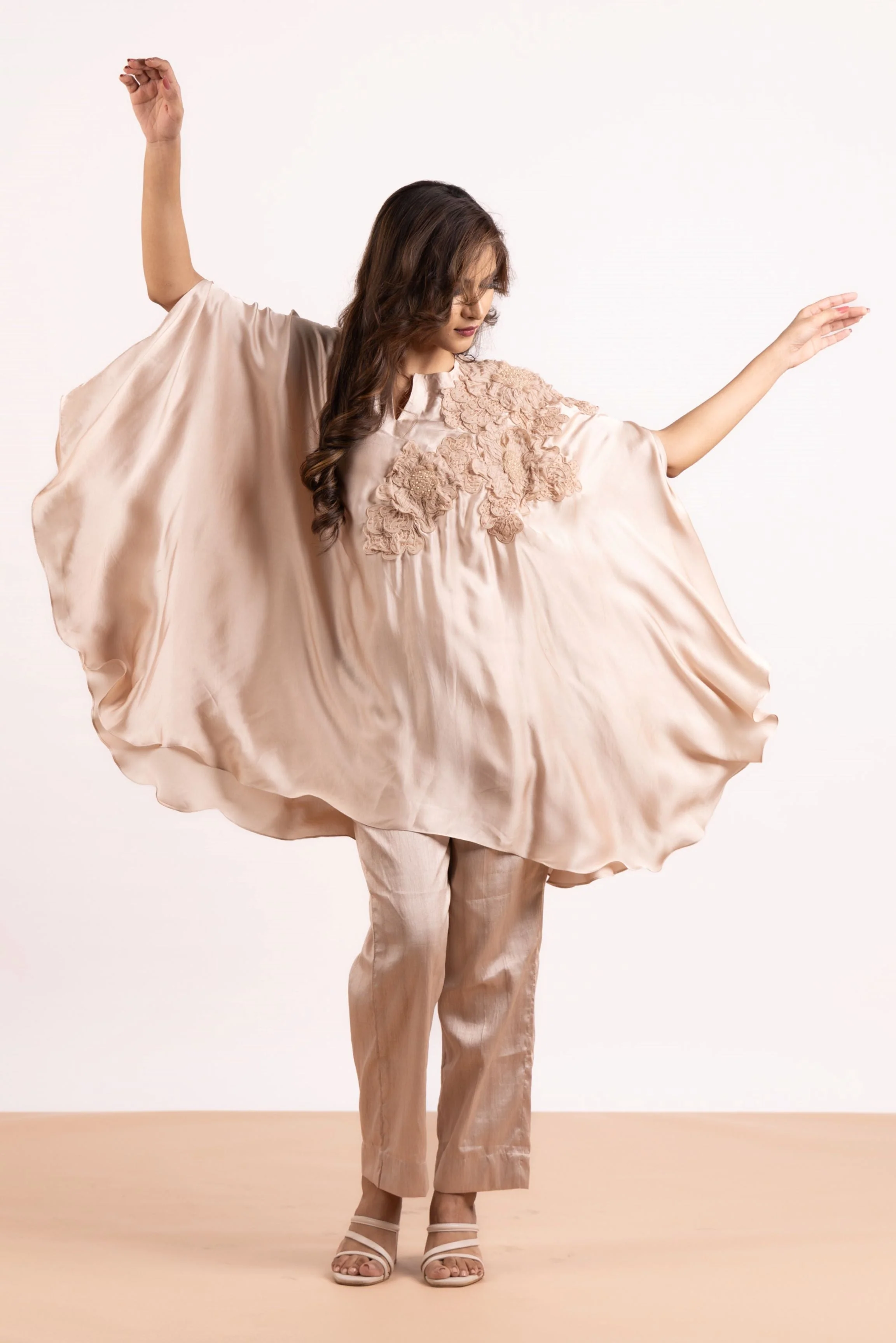 Beige Gold Floral Embellished Pure Satin Silk Co-Ord Set - Image 3