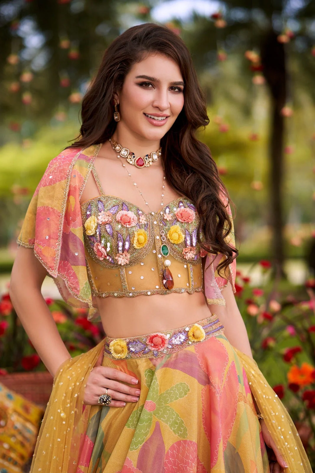 Yellow Embellished Shimmer Organza Silk Lehenga Set - Image 2
