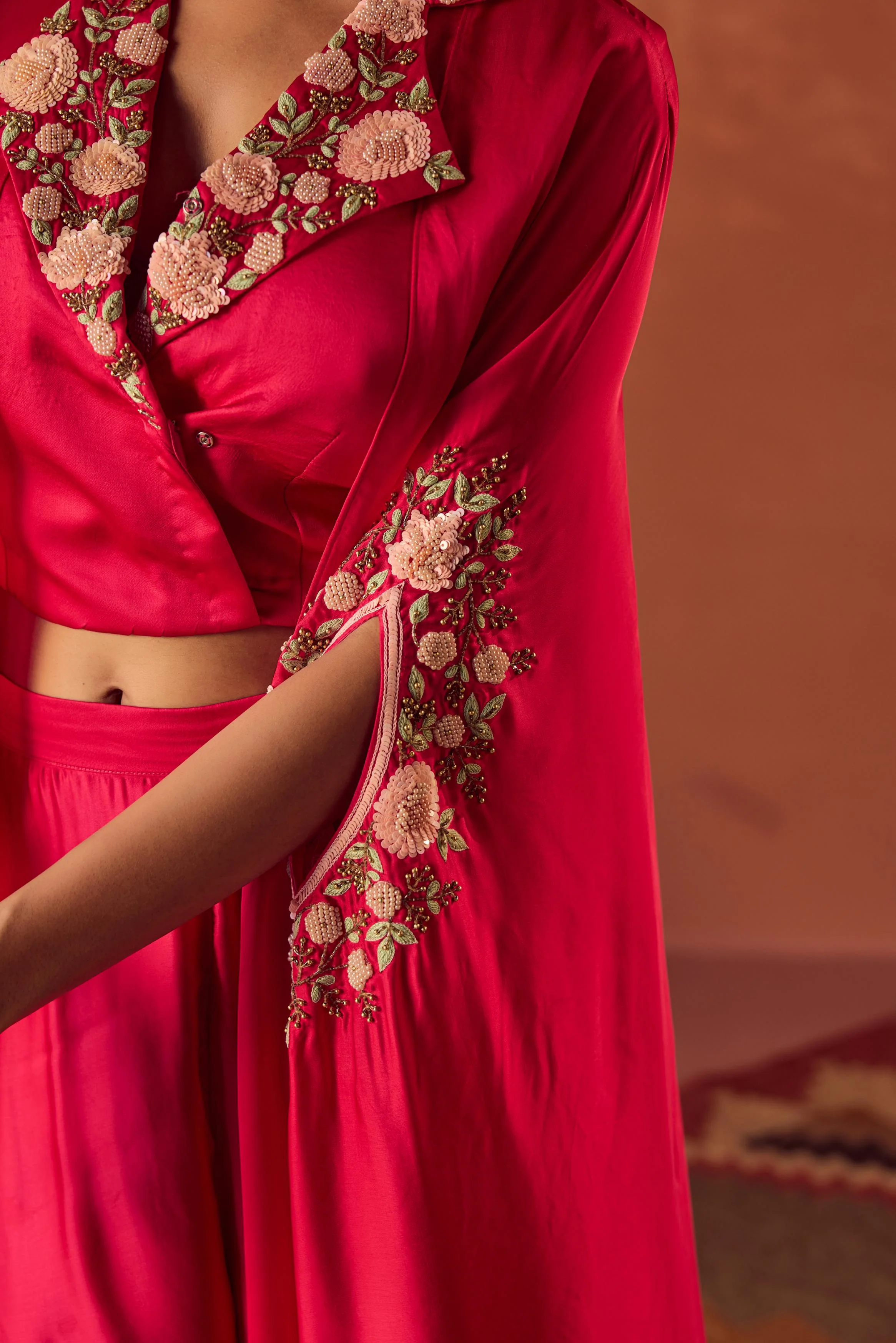 Berry Glow Embellished Satin Silk Cape Set - Image 3