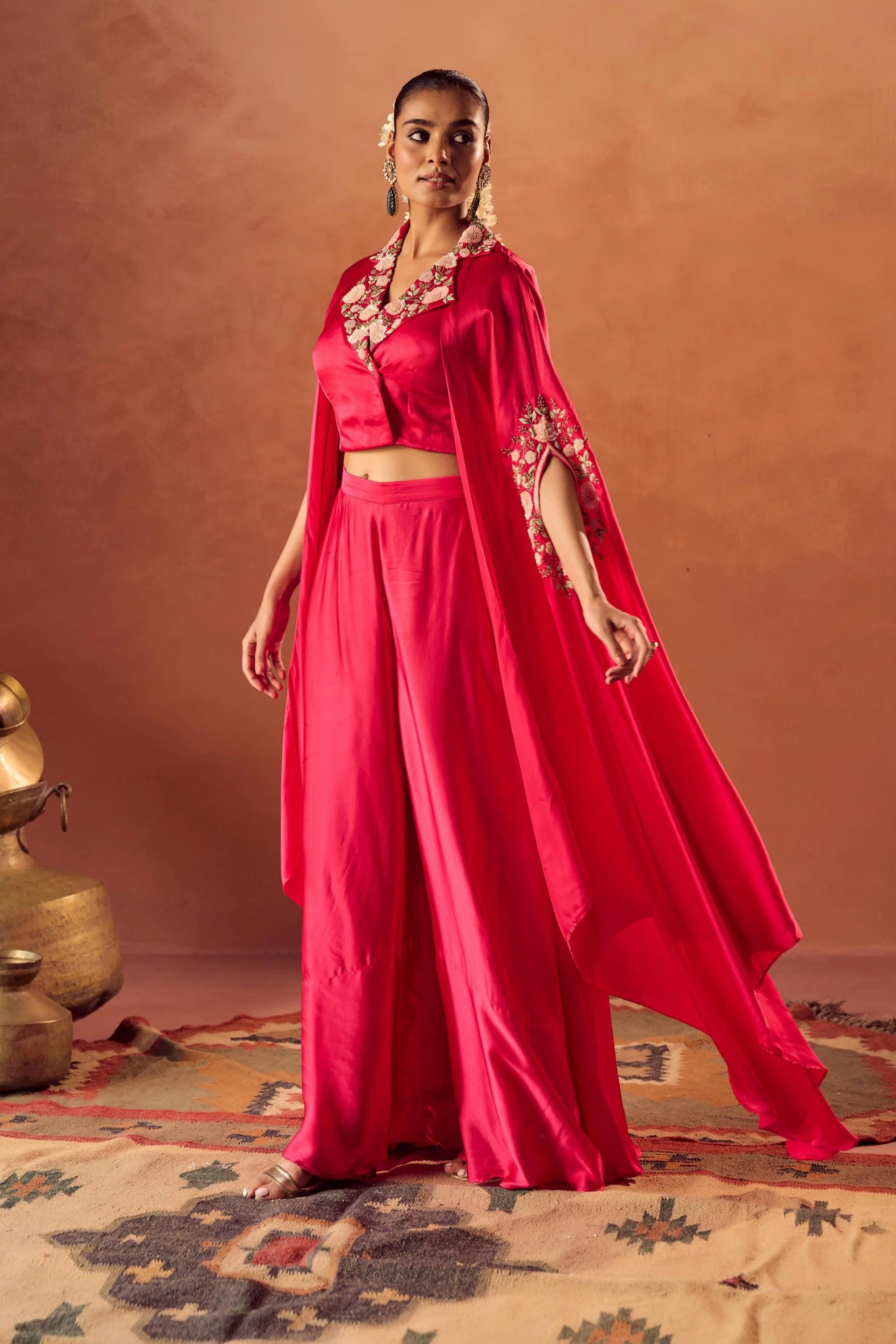 Berry Glow Embellished Satin Silk Cape Set - Image 4