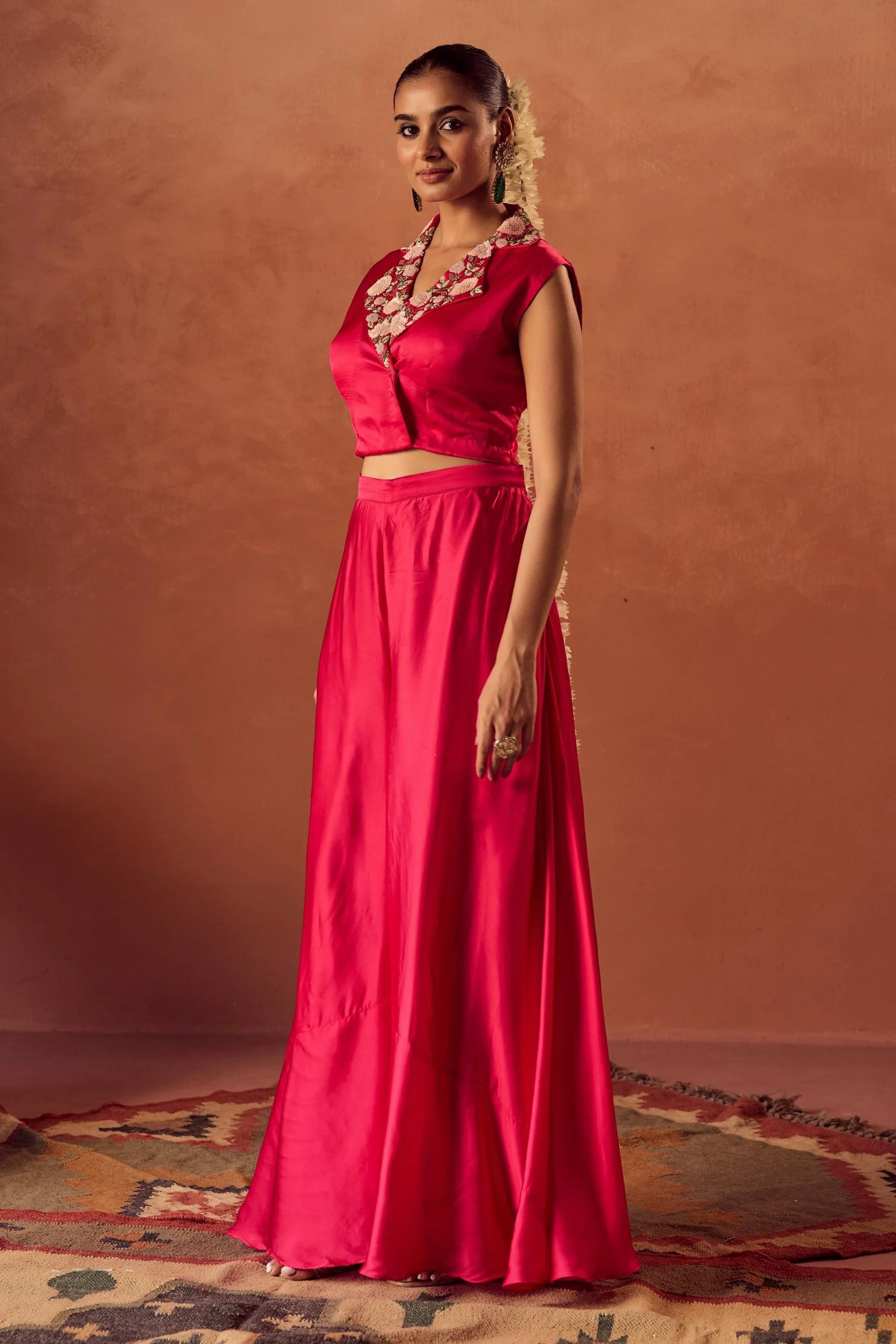 Berry Glow Embellished Satin Silk Cape Set - Image 5