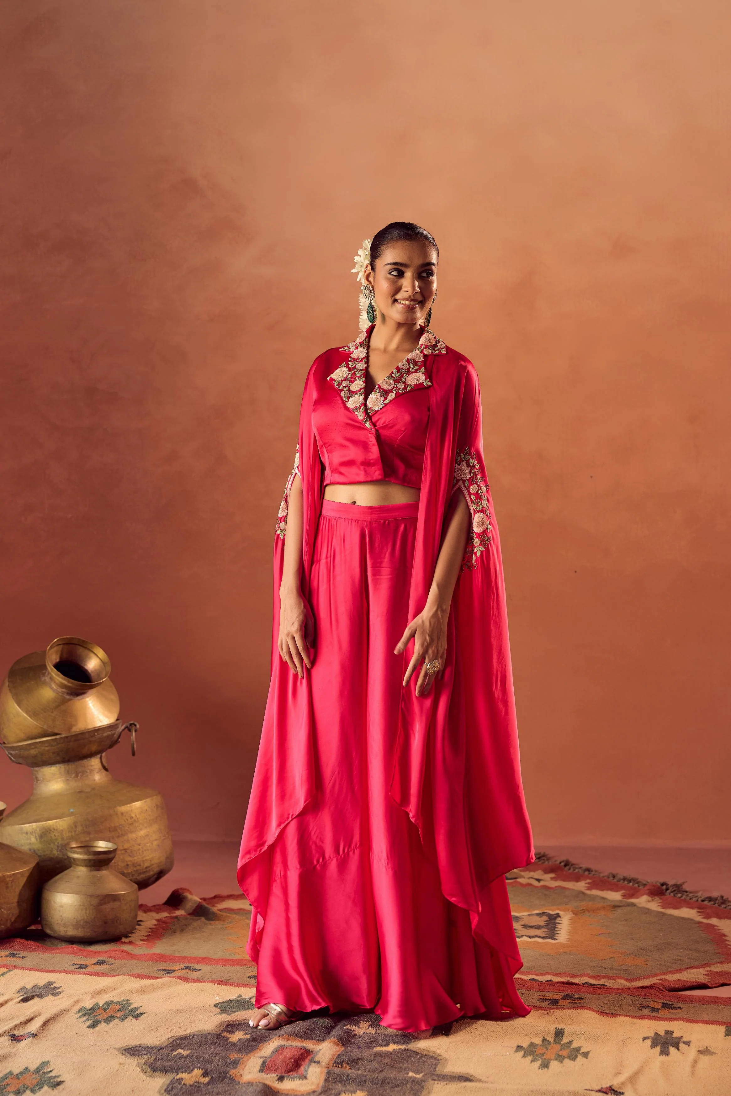 Berry Glow Embellished Satin Silk Cape Set - Image 6