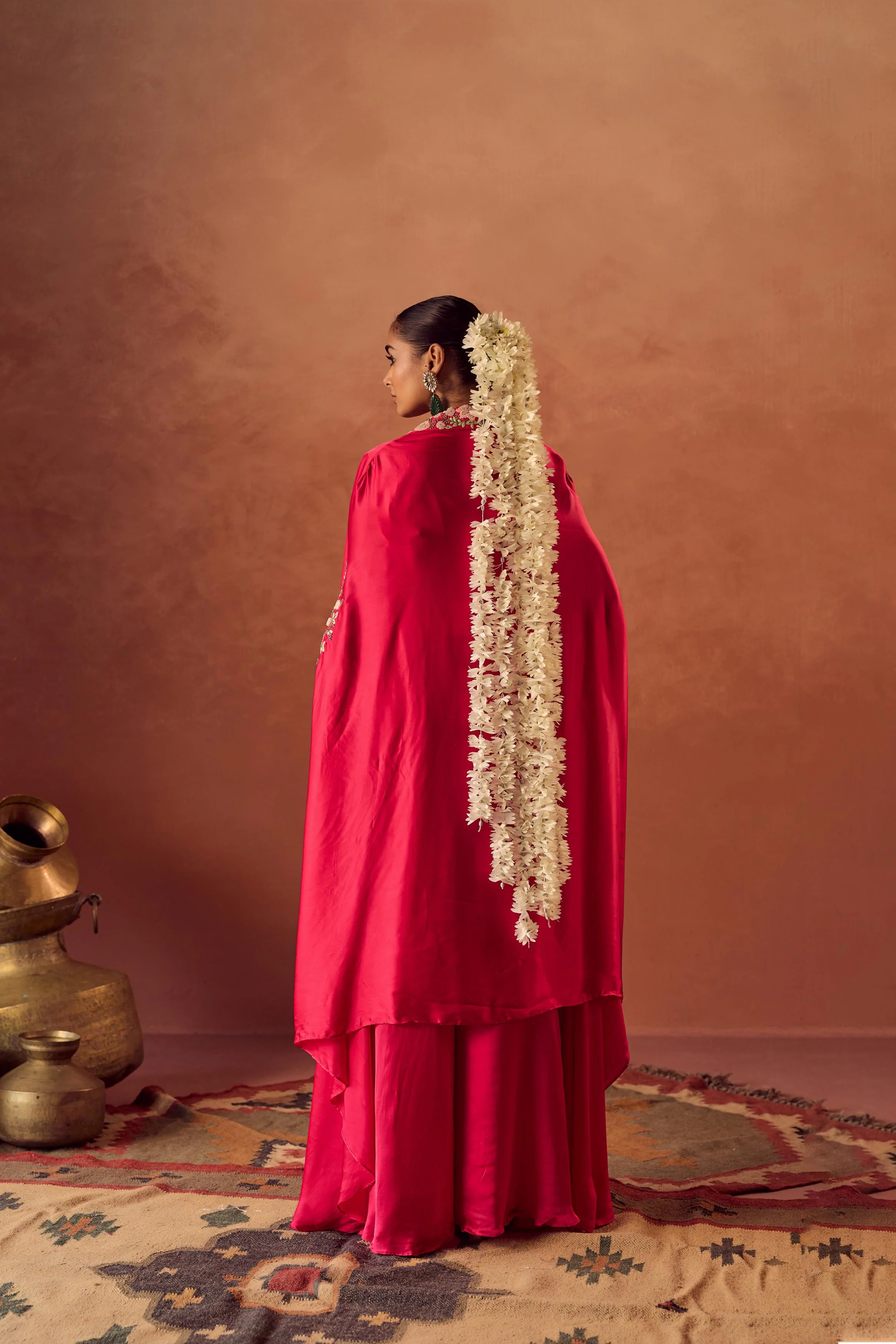 Berry Glow Embellished Satin Silk Cape Set - Image 7