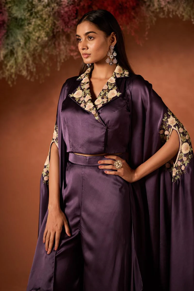 Mauve Glow Embellished Satin Silk Cape Set - Image 3