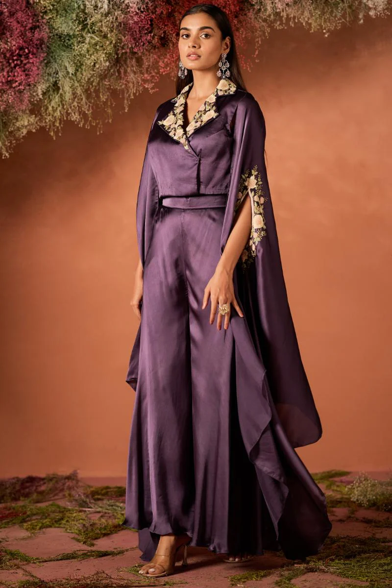 Mauve Glow Embellished Satin Silk Cape Set - Image 4
