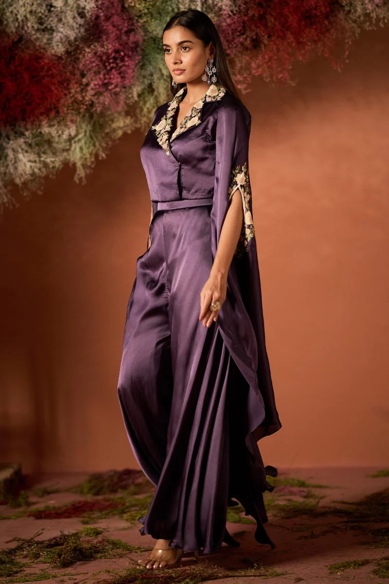 Mauve Glow Embellished Satin Silk Cape Set - Image 5