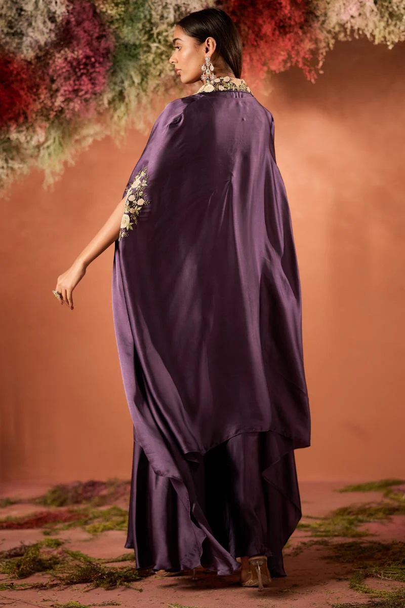 Mauve Glow Embellished Satin Silk Cape Set - Image 6
