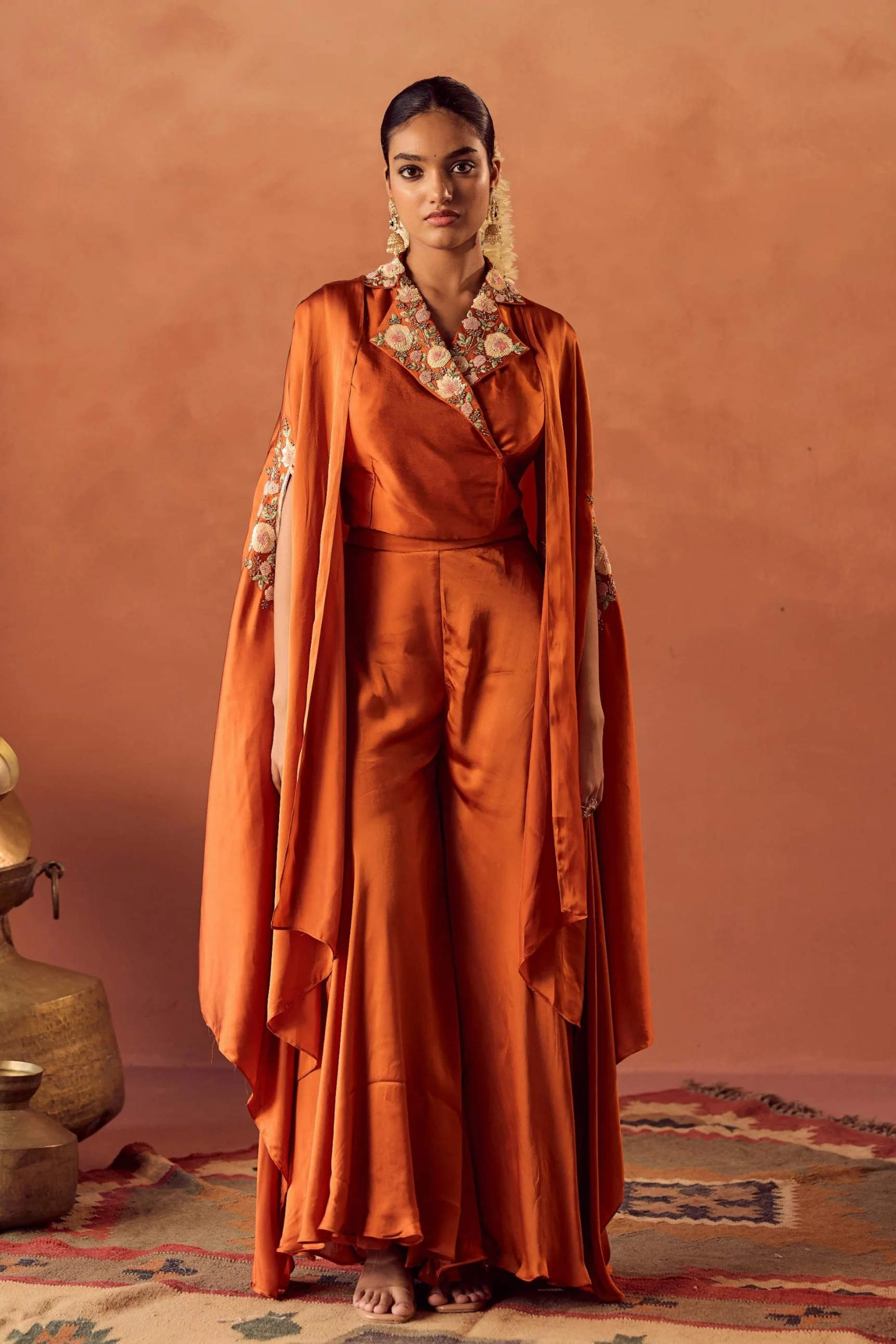Saffron Glow Embellished Satin Silk Cape Set
