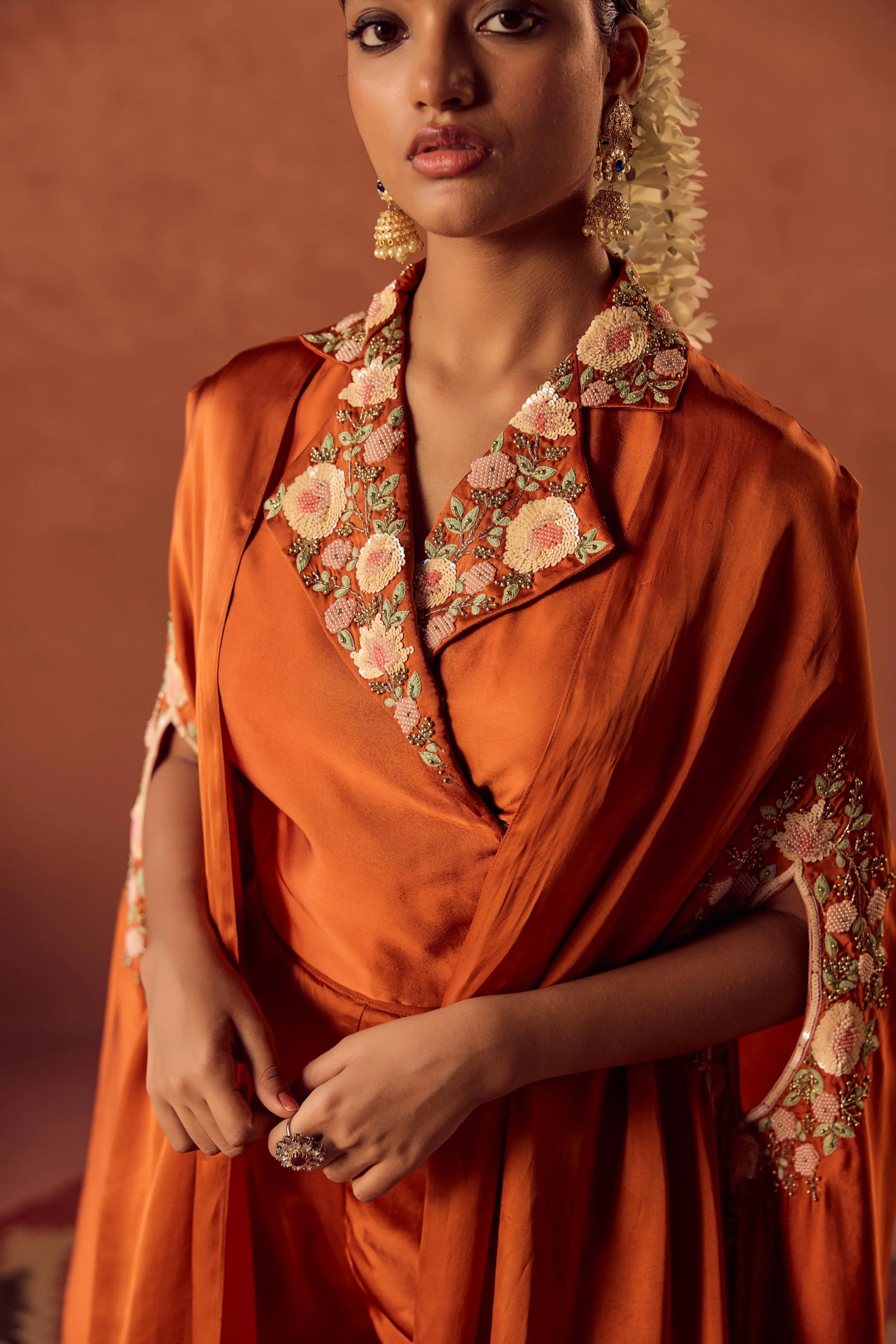 Saffron Glow Embellished Satin Silk Cape Set - Image 2