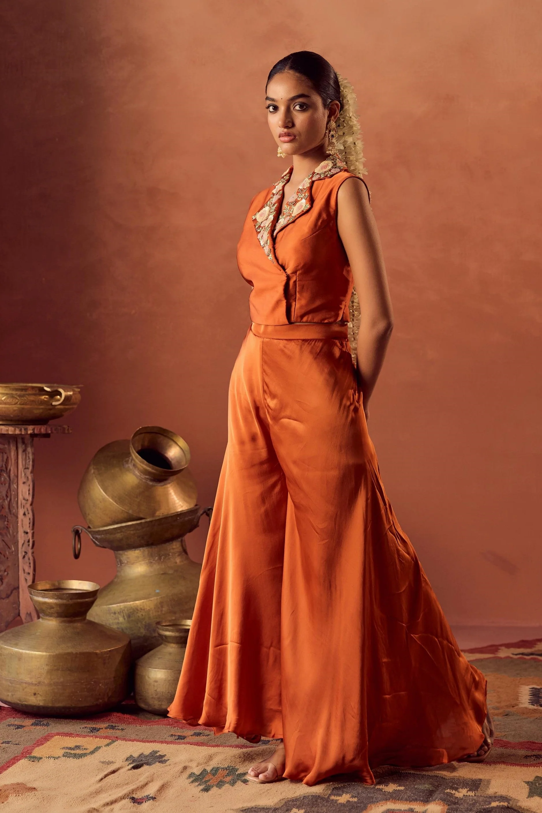 Saffron Glow Embellished Satin Silk Cape Set - Image 3
