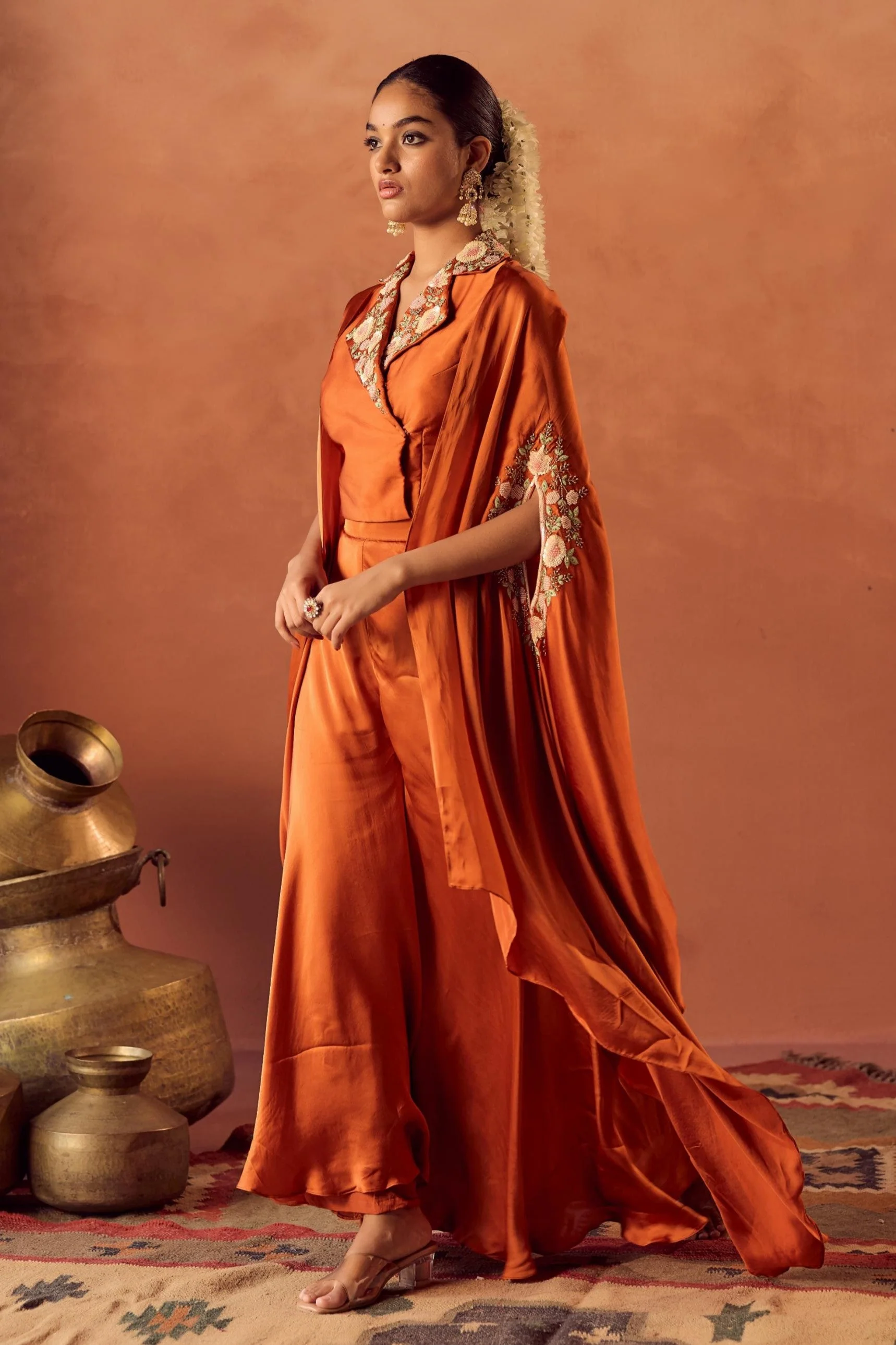 Saffron Glow Embellished Satin Silk Cape Set - Image 4