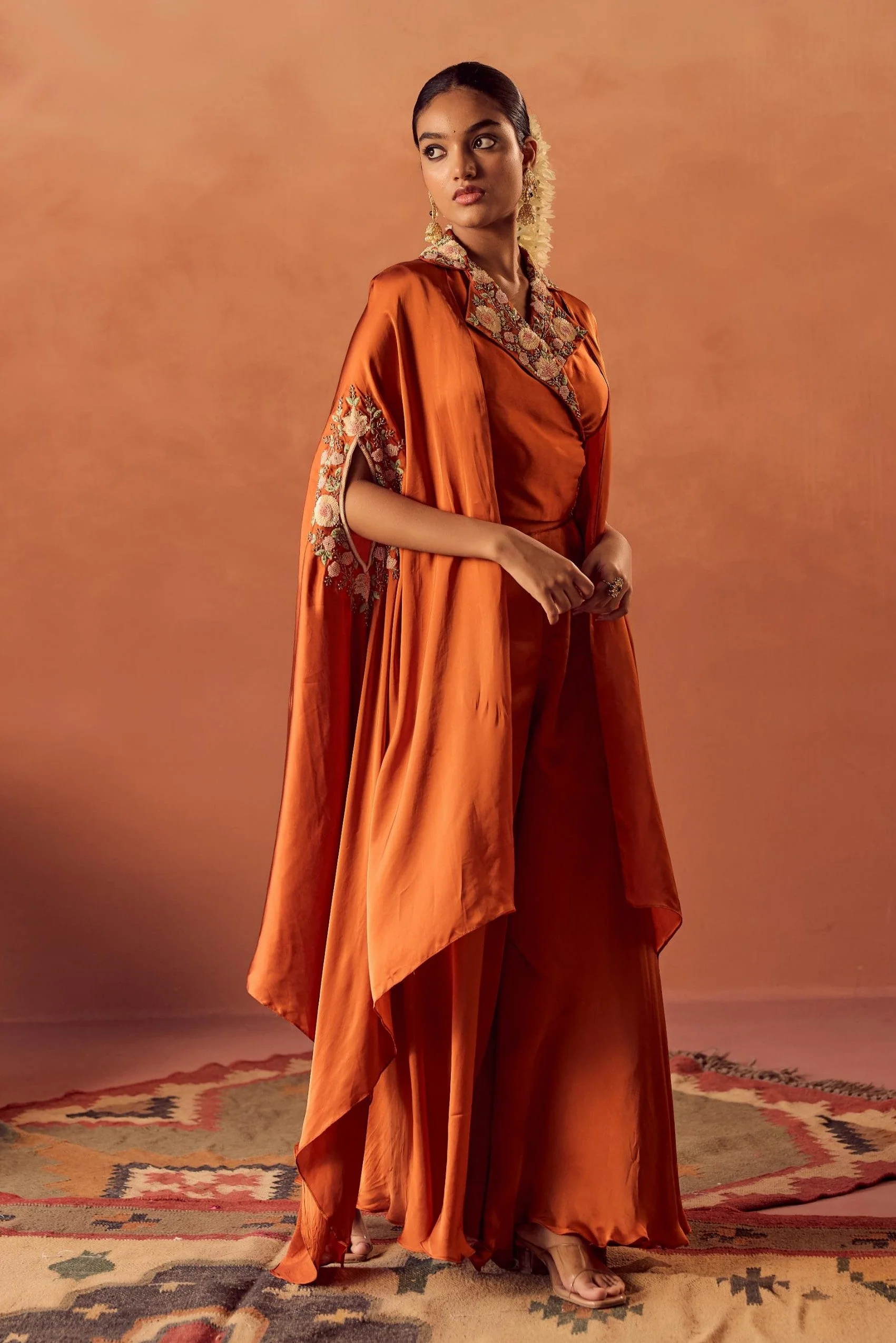 Saffron Glow Embellished Satin Silk Cape Set - Image 5
