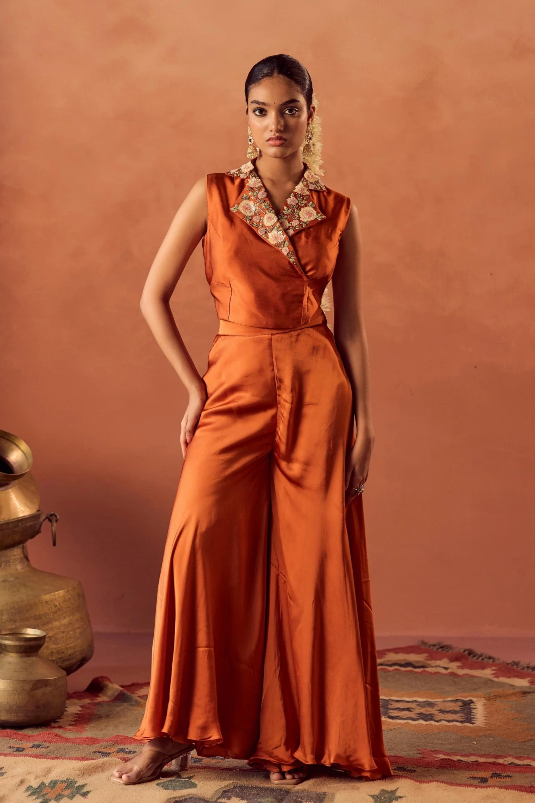 Saffron Glow Embellished Satin Silk Cape Set - Image 6