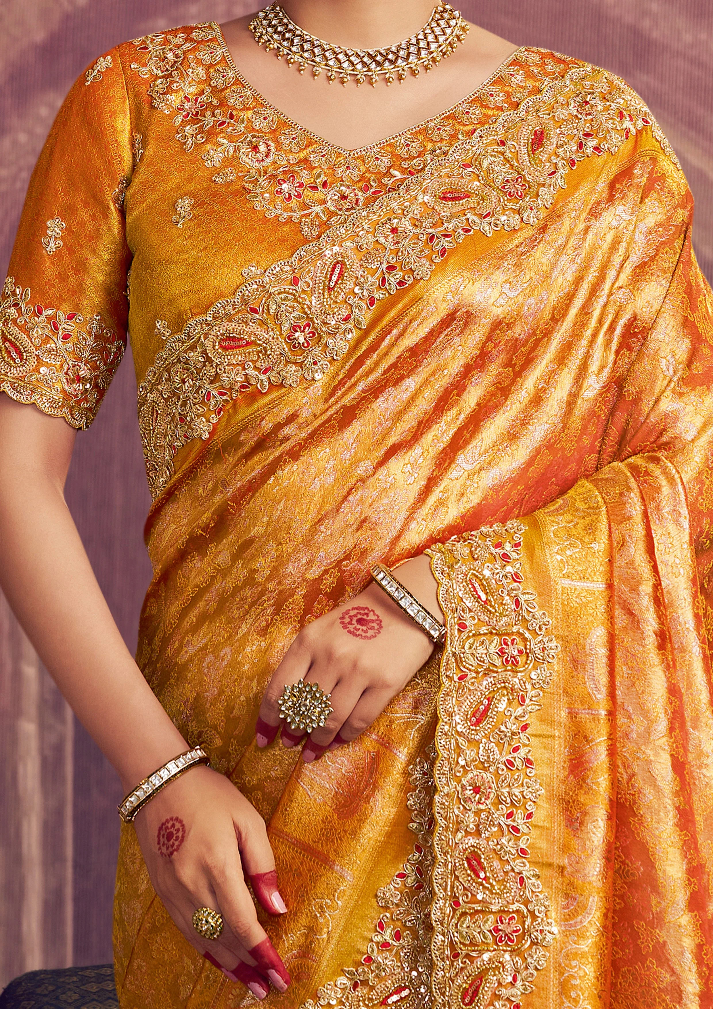 Saffron Gold Embellished Kanjivaram Silk Saree - Image 2