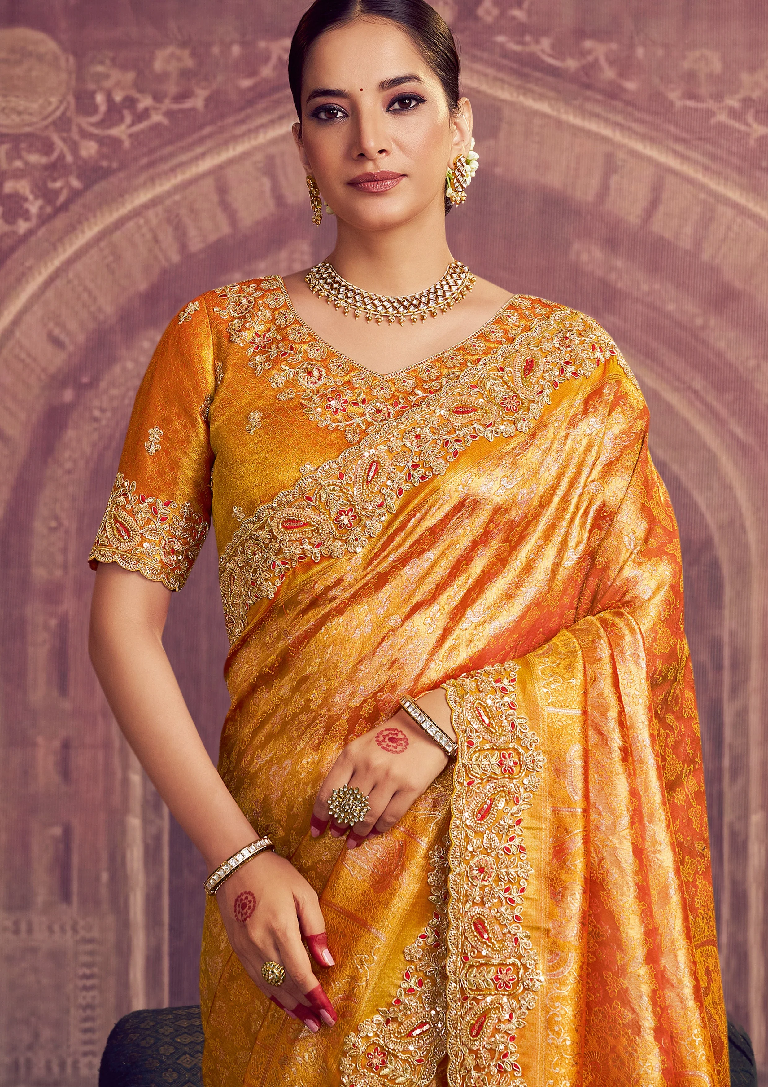 Saffron Gold Embellished Kanjivaram Silk Saree - Image 3