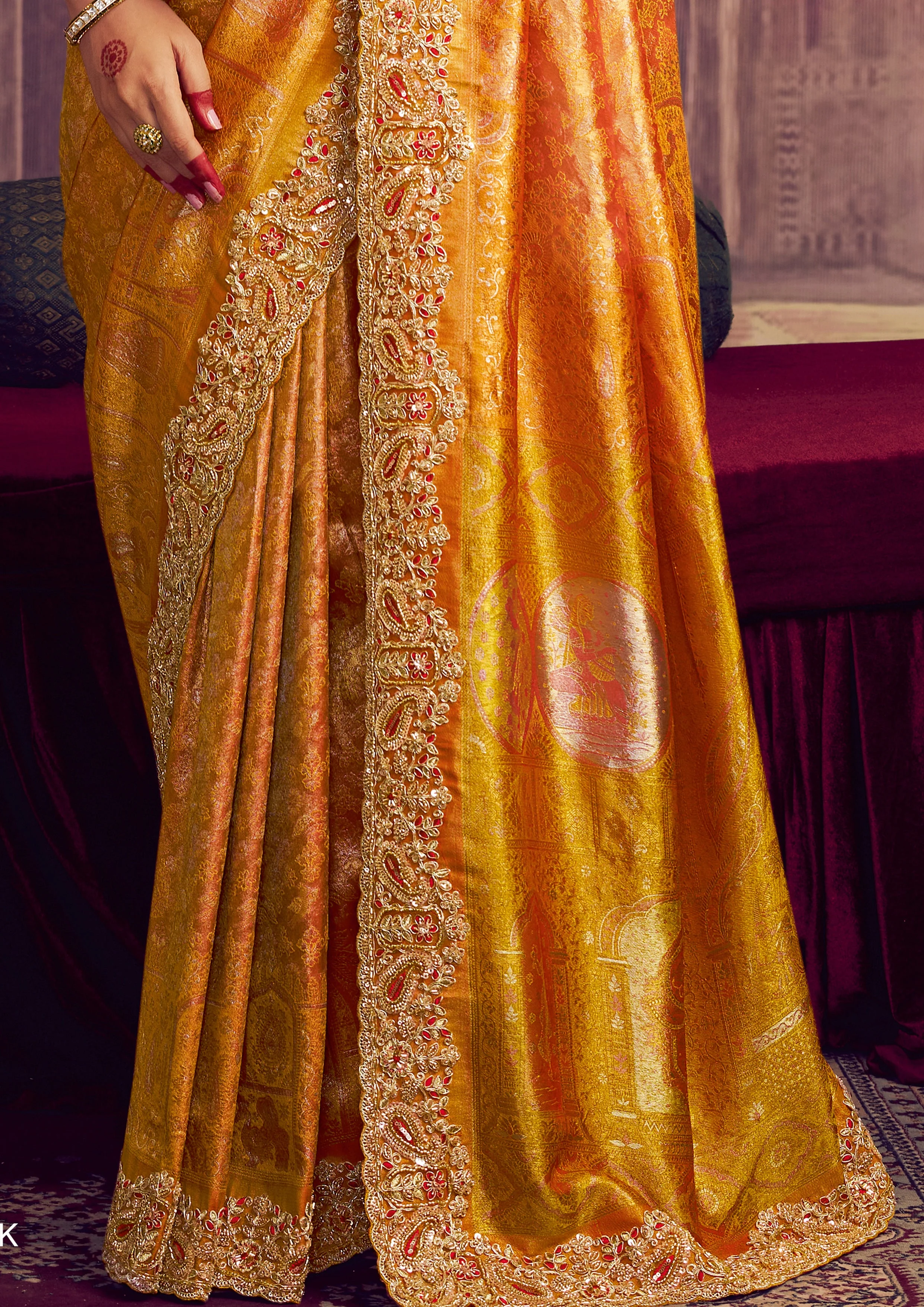 Saffron Gold Embellished Kanjivaram Silk Saree - Image 4