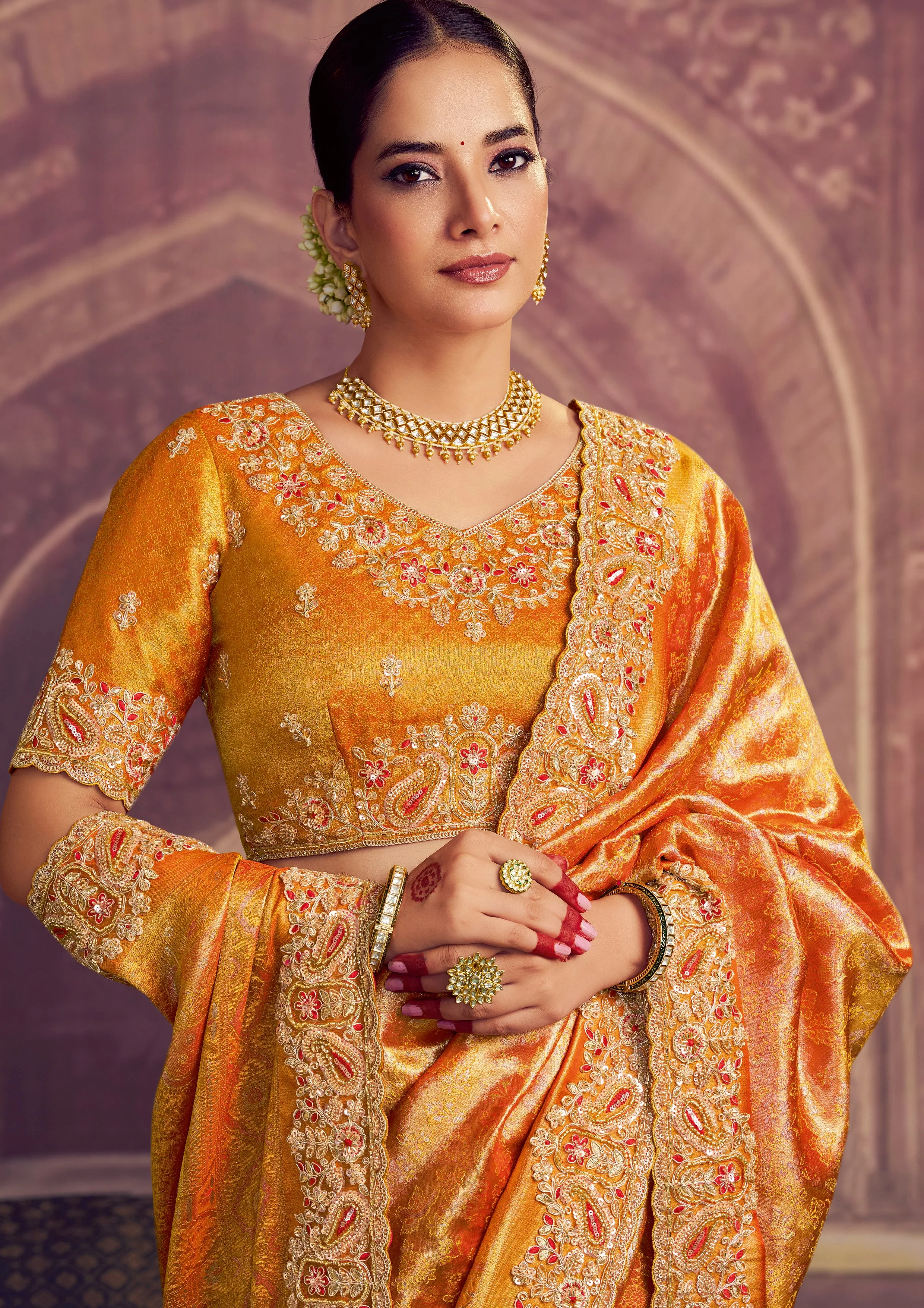 Saffron Gold Embellished Kanjivaram Silk Saree - Image 5