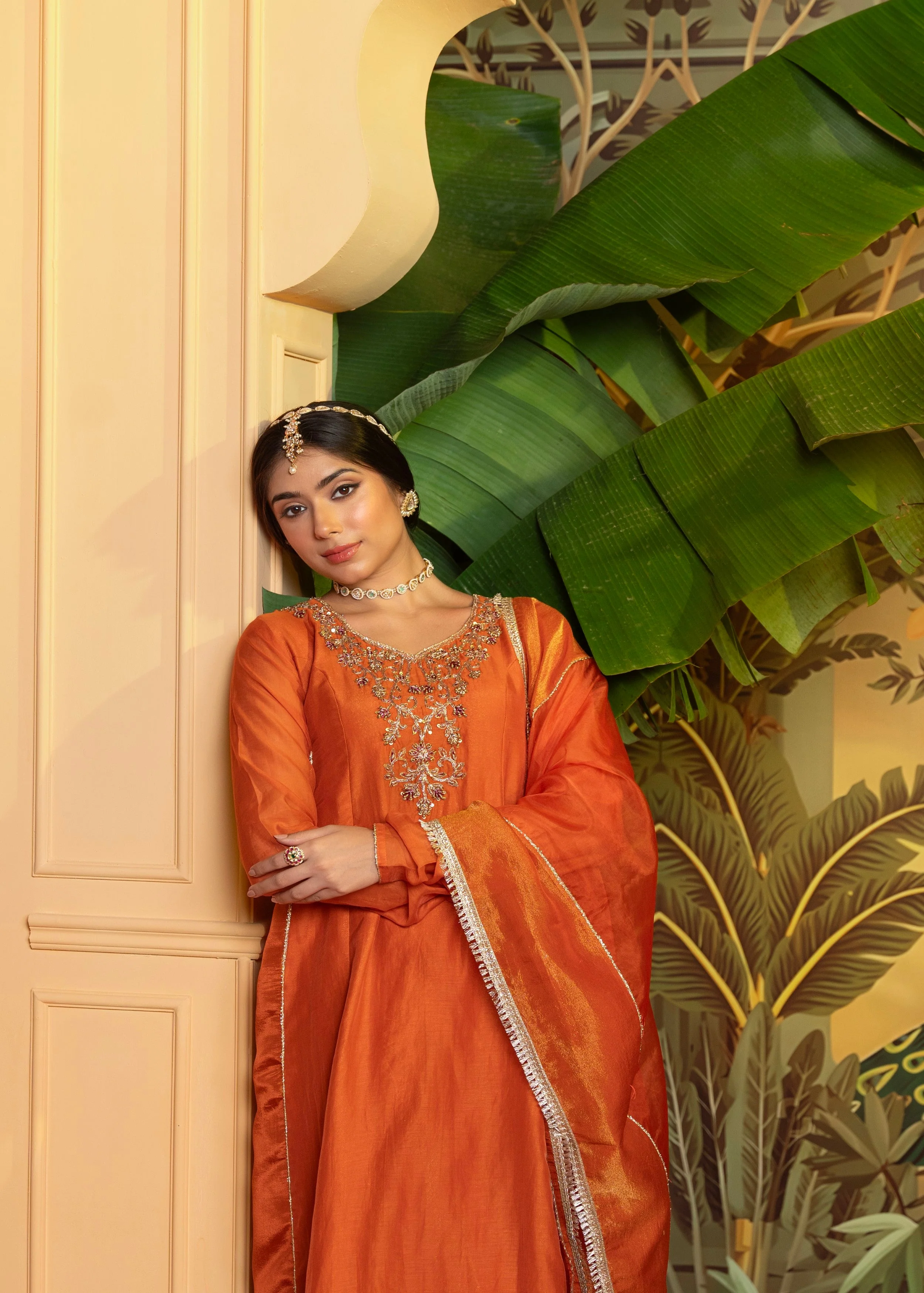 Saffron Orange Embellished Chanderi Silk Pant Set - Image 2