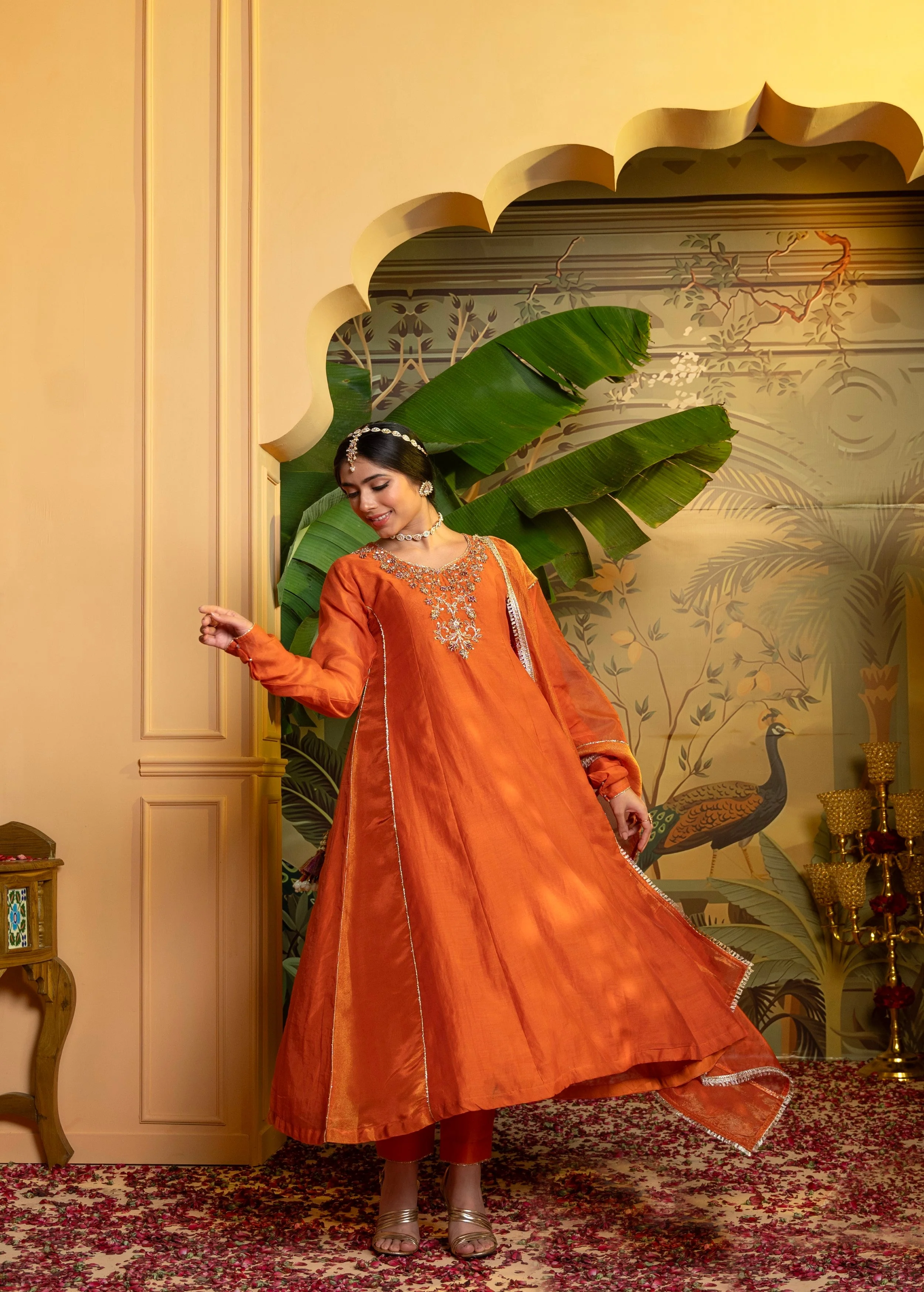 Saffron Orange Embellished Chanderi Silk Pant Set - Image 3