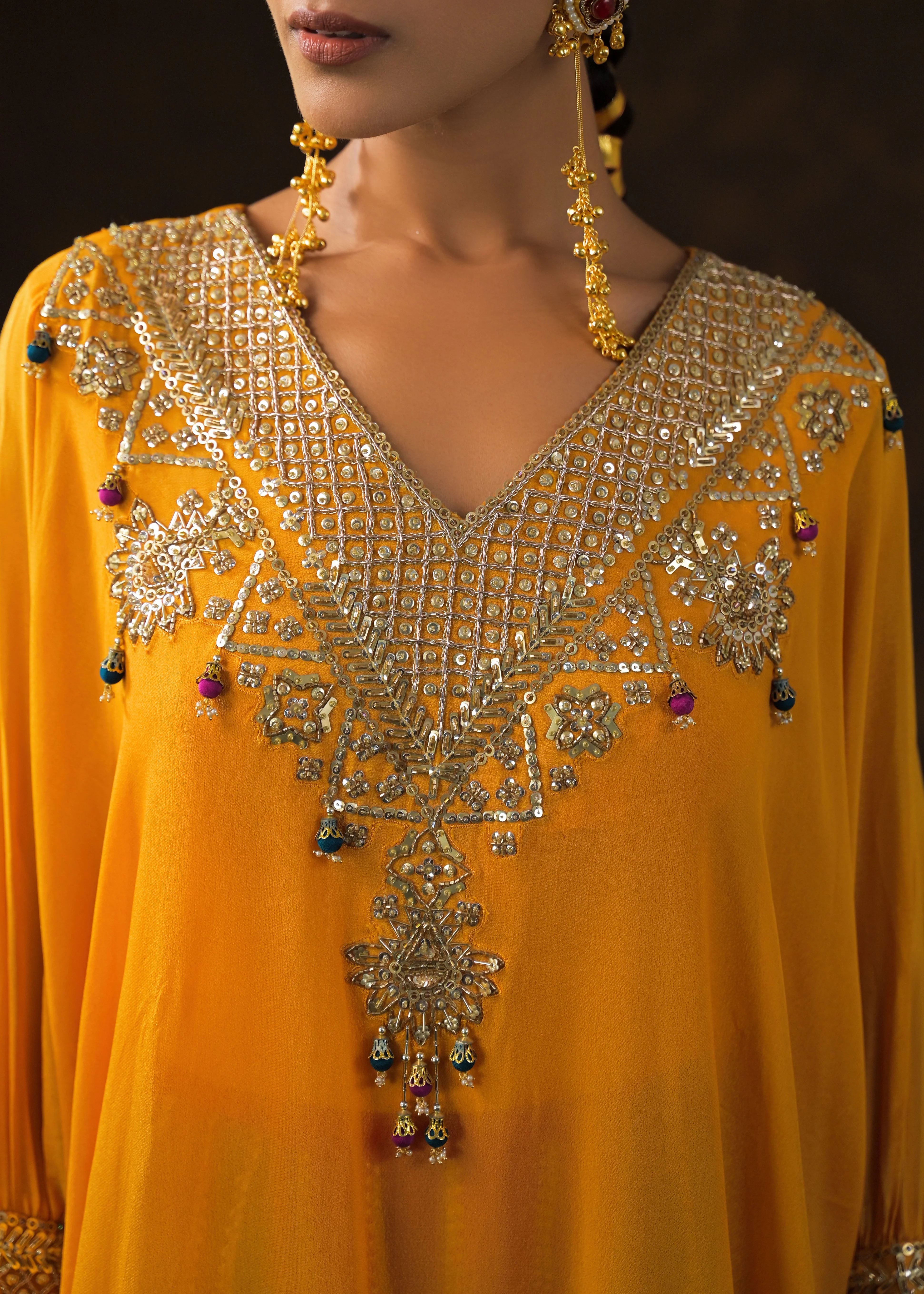Golden Yellow Embellished Chinon Silk Palazzo Set - Image 2