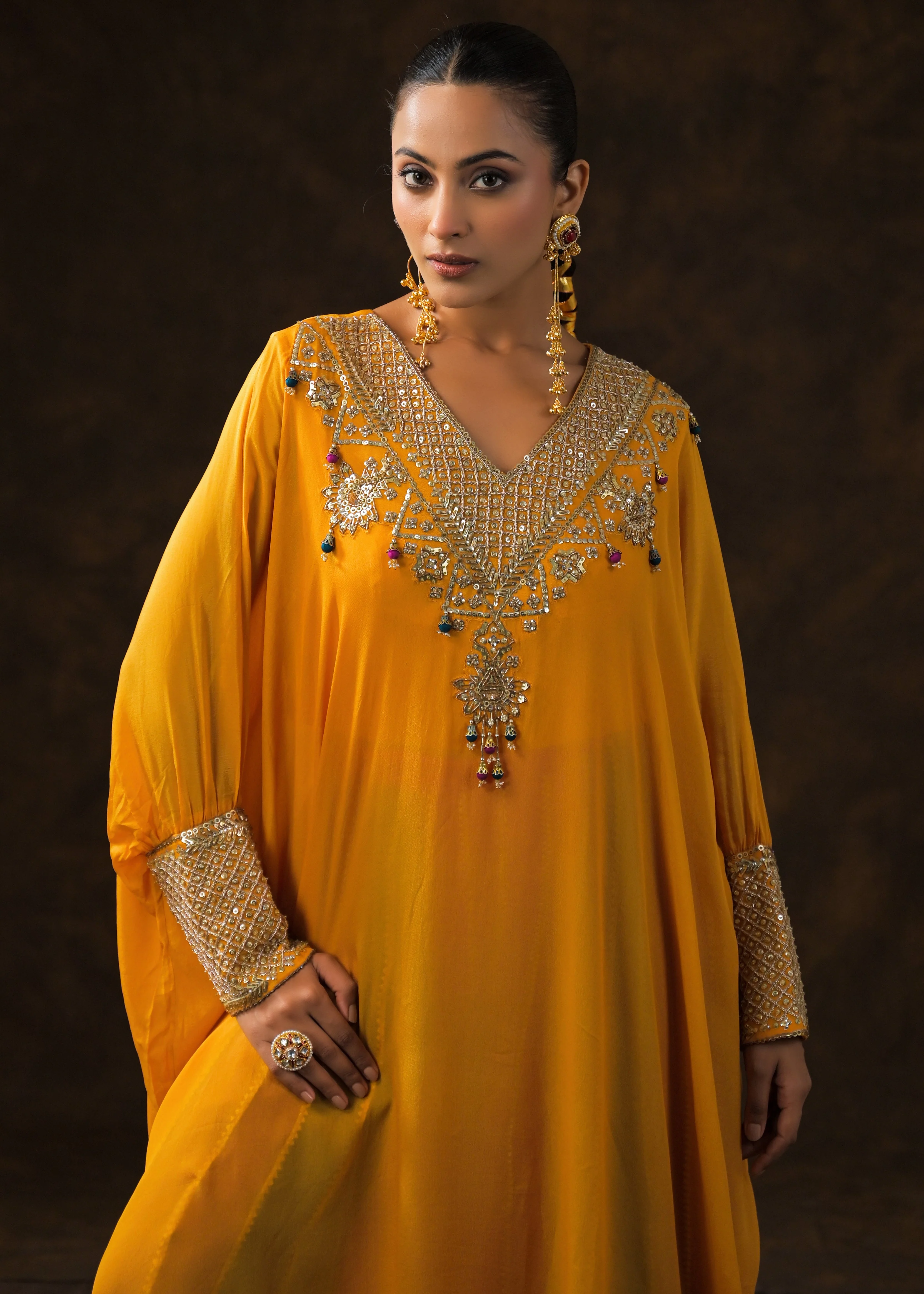 Golden Yellow Embellished Chinon Silk Palazzo Set - Image 3