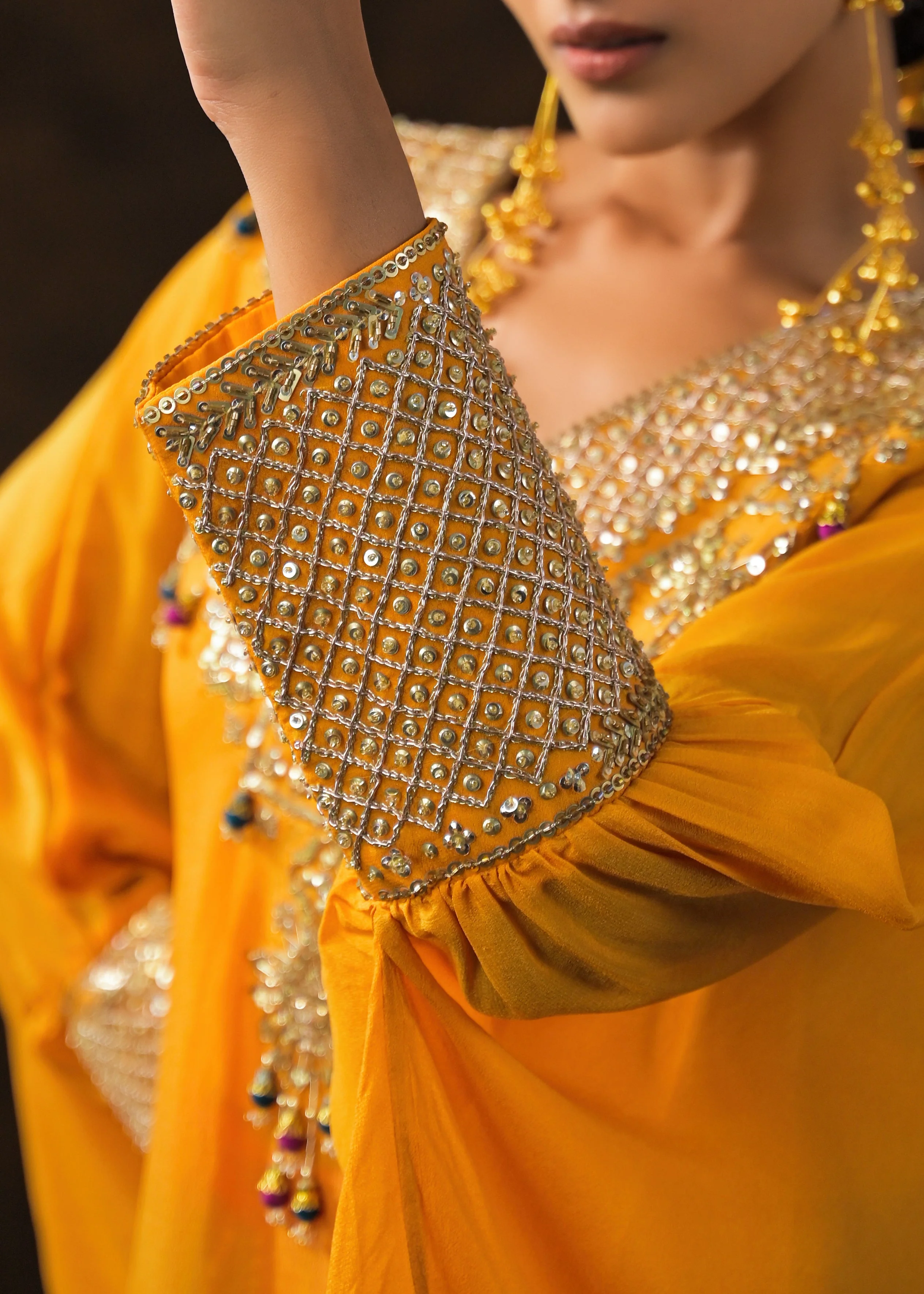 Golden Yellow Embellished Chinon Silk Palazzo Set - Image 4