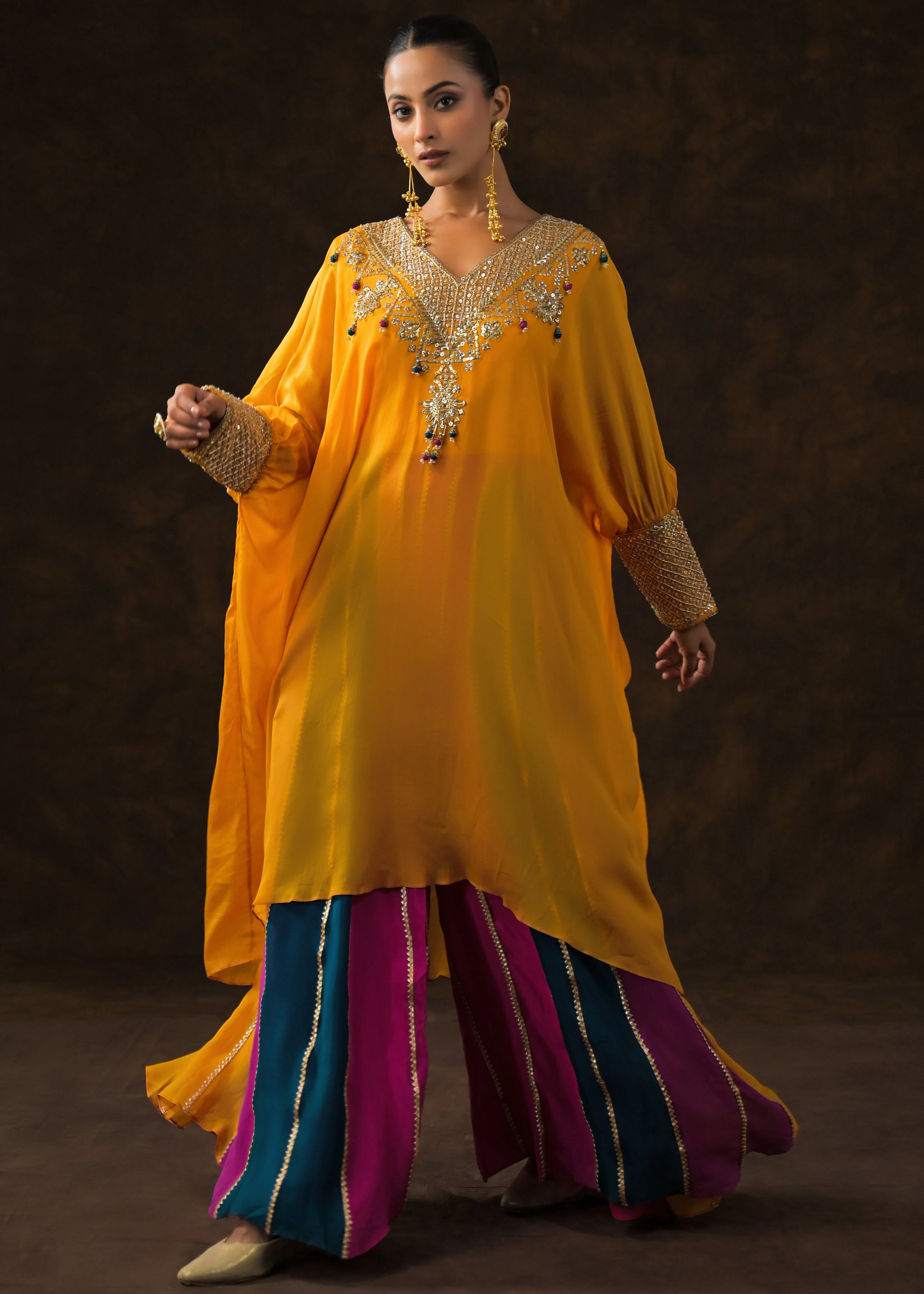 Golden Yellow Embellished Chinon Silk Palazzo Set - Image 5