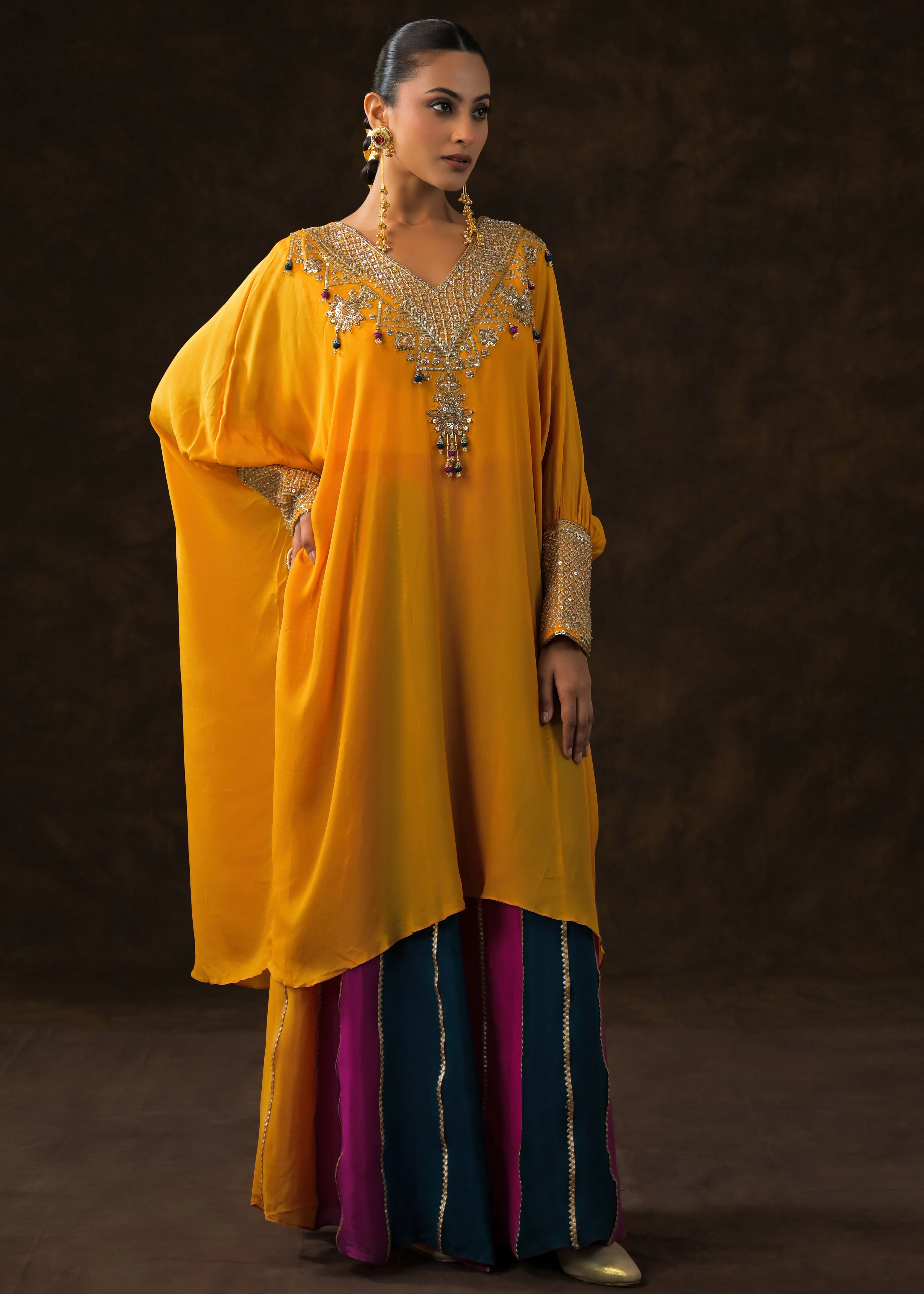 Golden Yellow Embellished Chinon Silk Palazzo Set - Image 6