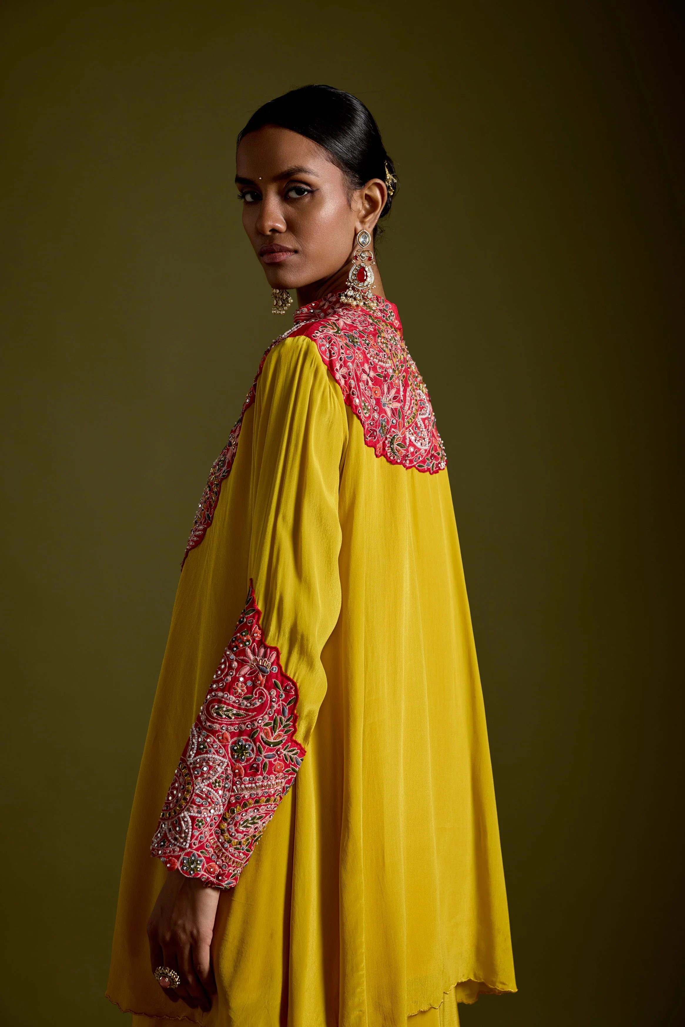 Saffron Yellow Embellished Chinon Silk Skirt Set - Image 4