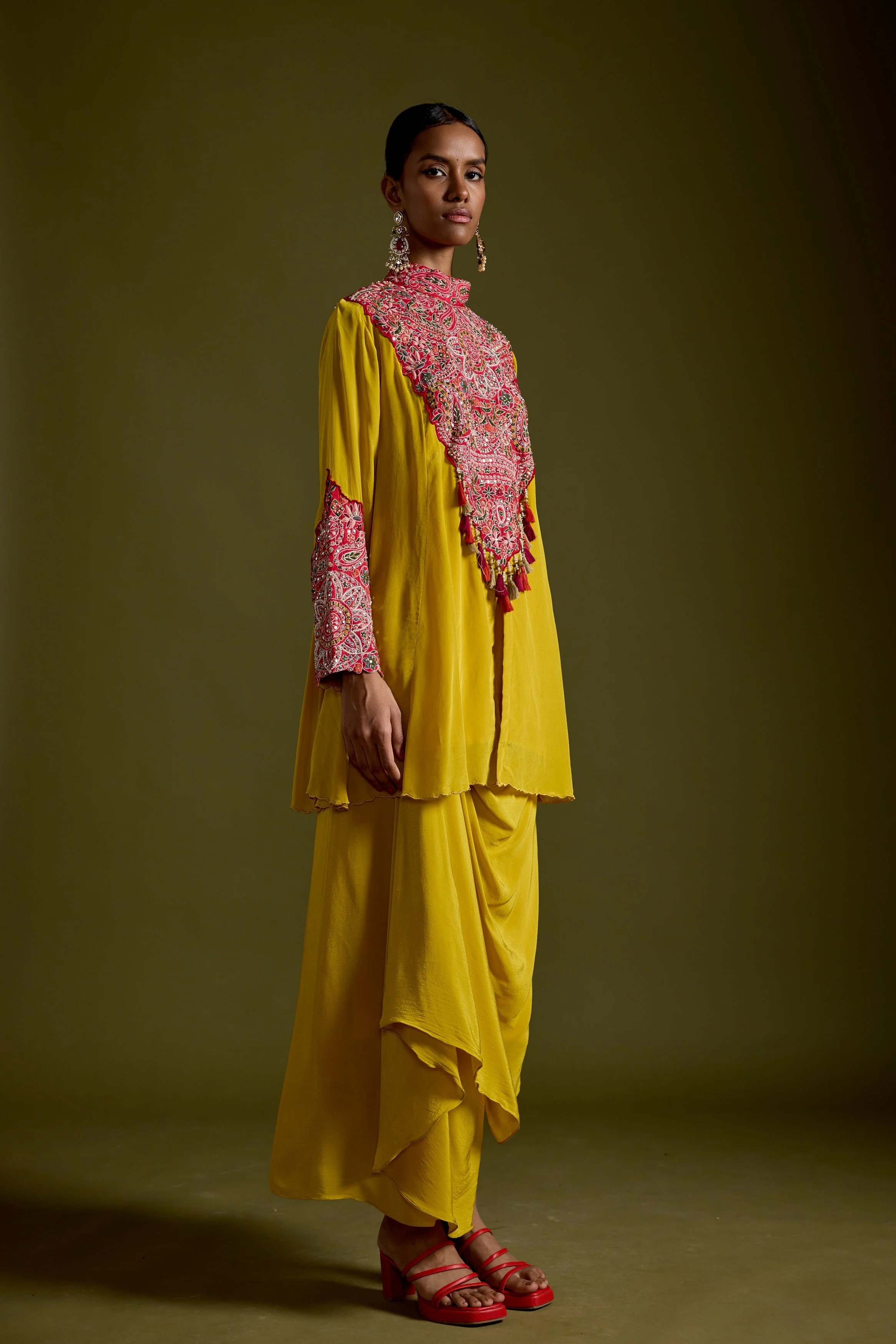 Saffron Yellow Embellished Chinon Silk Skirt Set - Image 5