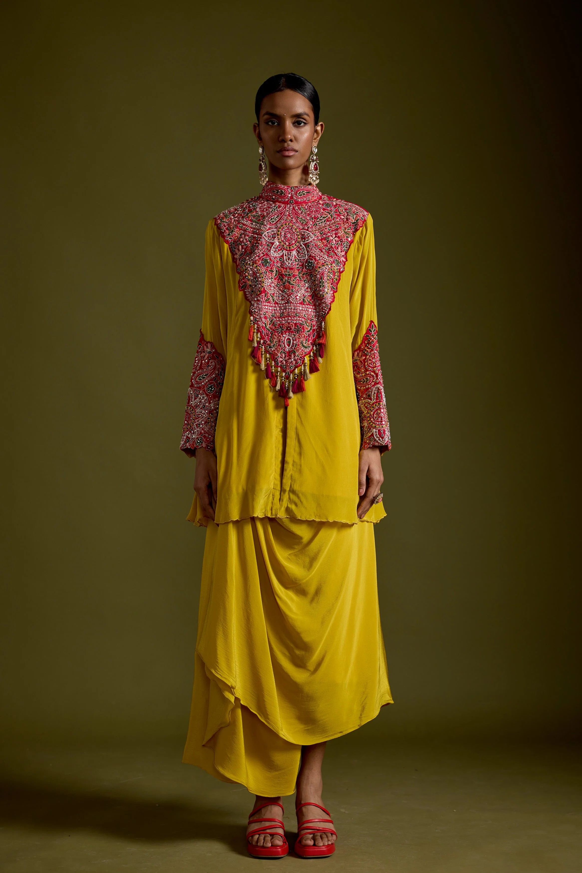 Saffron Yellow Embellished Chinon Silk Skirt Set - Image 6