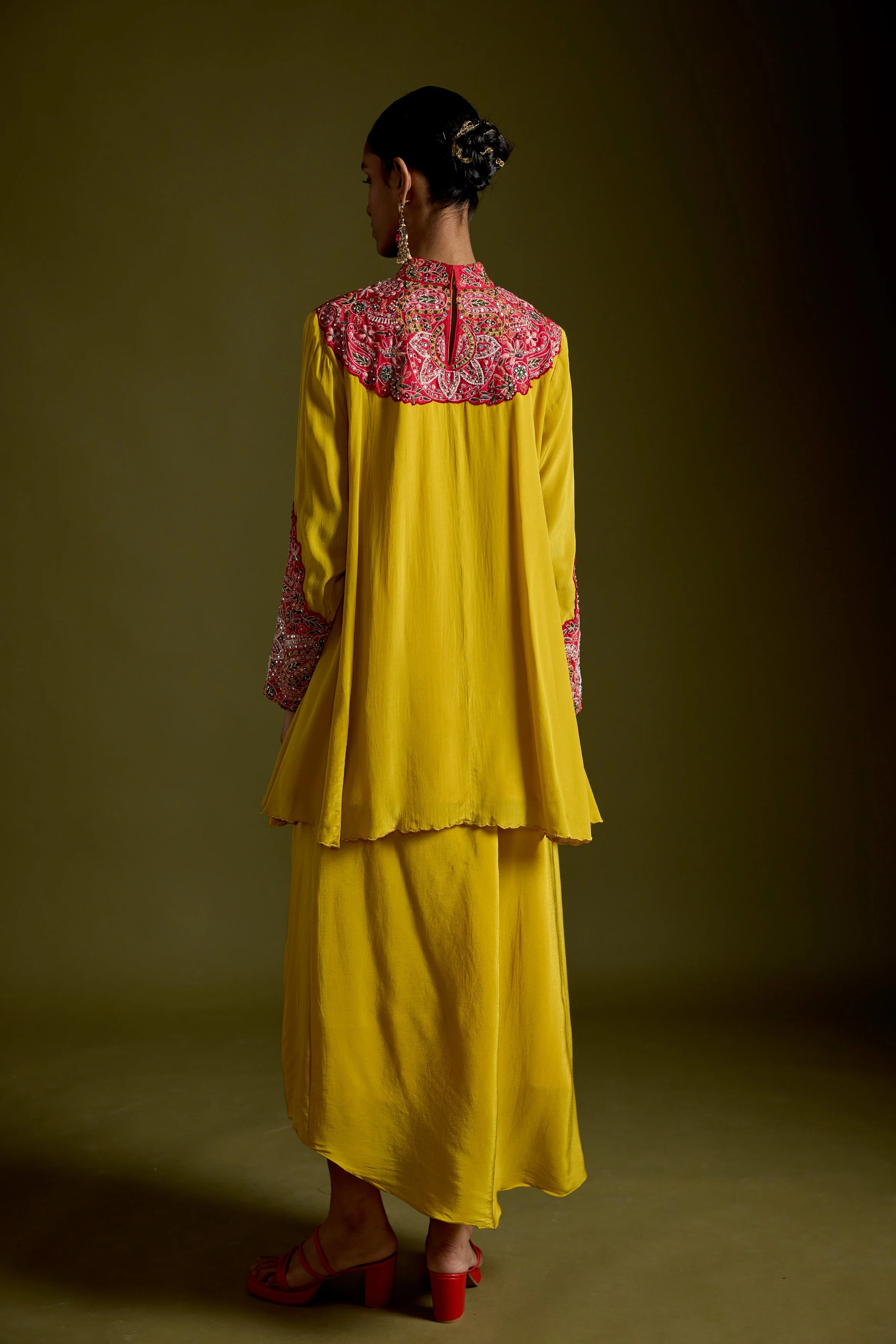 Saffron Yellow Embellished Chinon Silk Skirt Set - Image 7