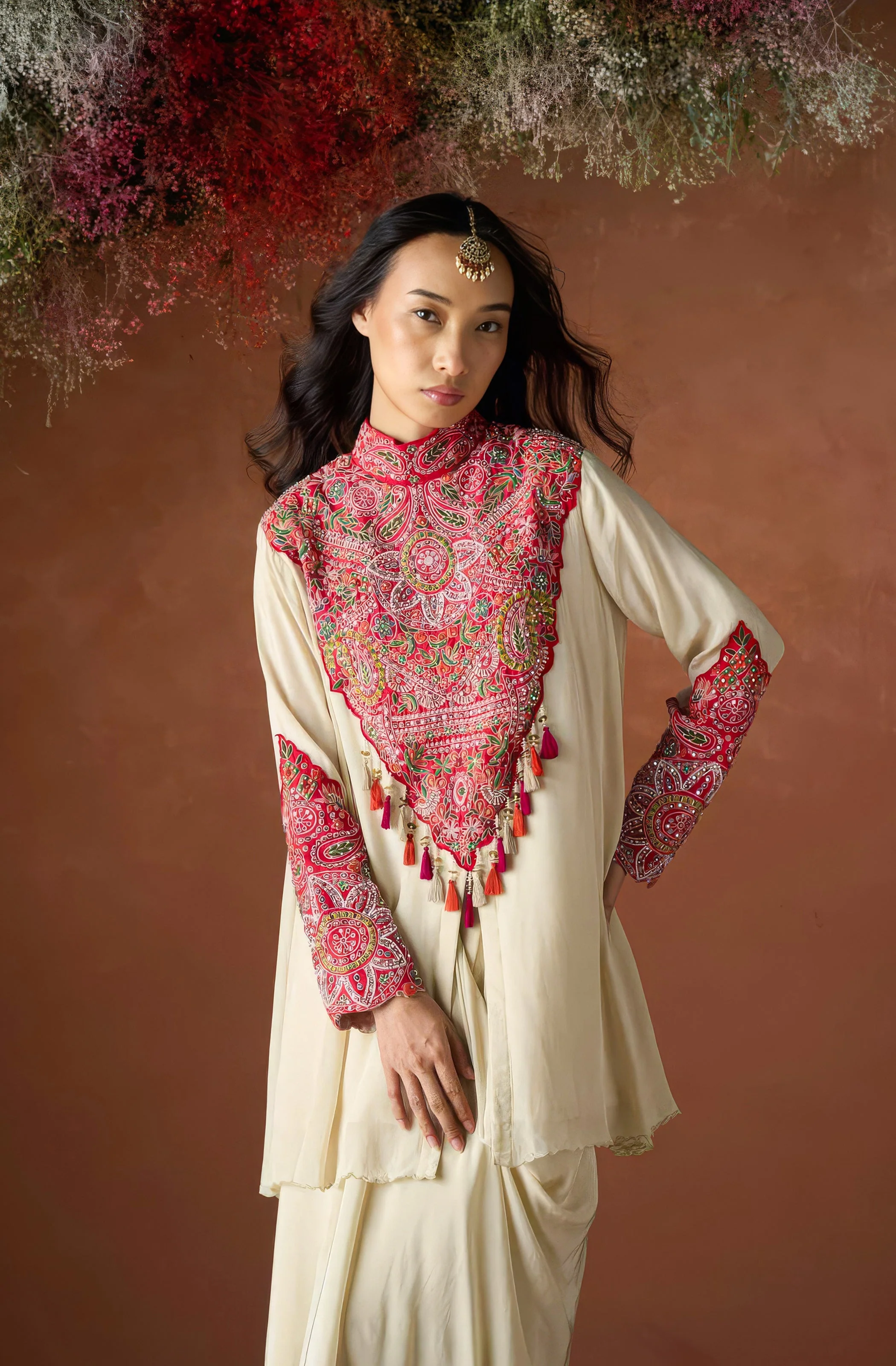 Pale Champagne Embellished Chinon Silk Skirt Set - Image 3