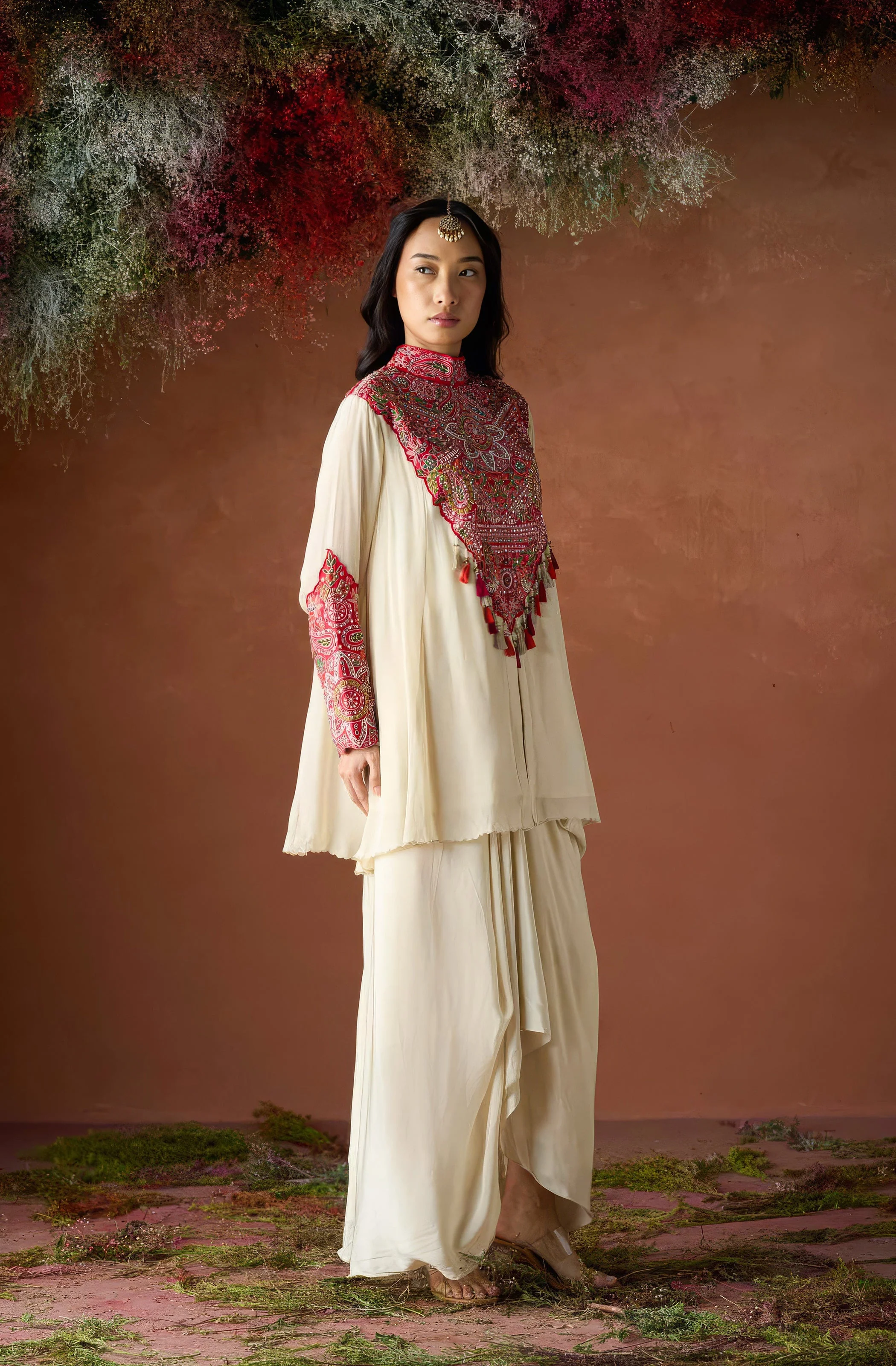 Pale Champagne Embellished Chinon Silk Skirt Set - Image 4