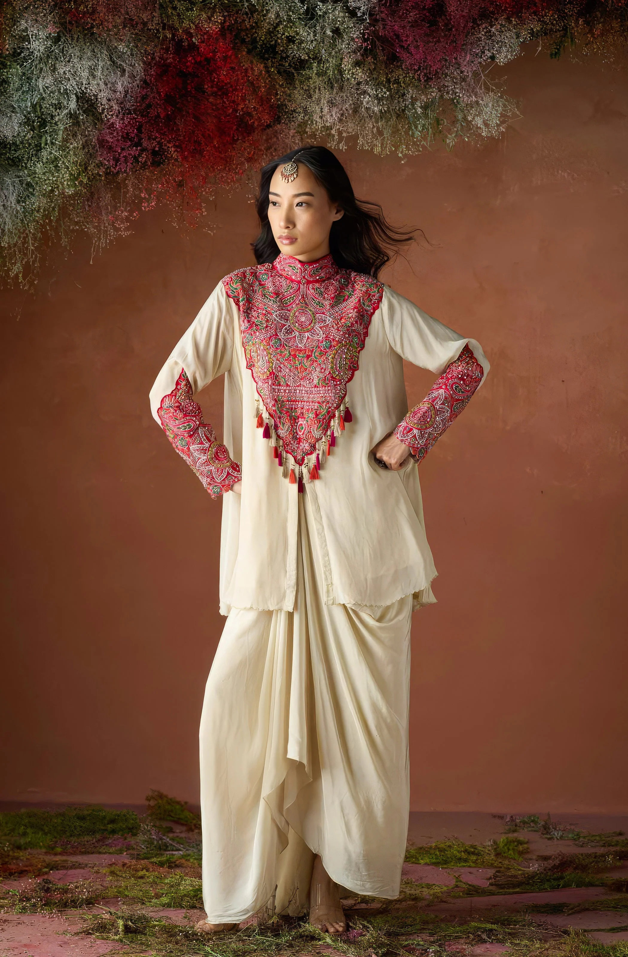 Pale Champagne Embellished Chinon Silk Skirt Set - Image 5