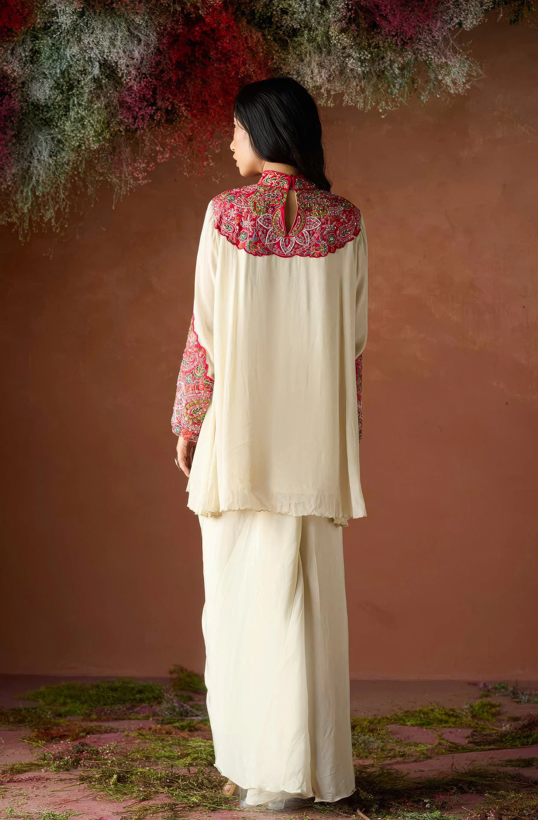 Pale Champagne Embellished Chinon Silk Skirt Set - Image 6