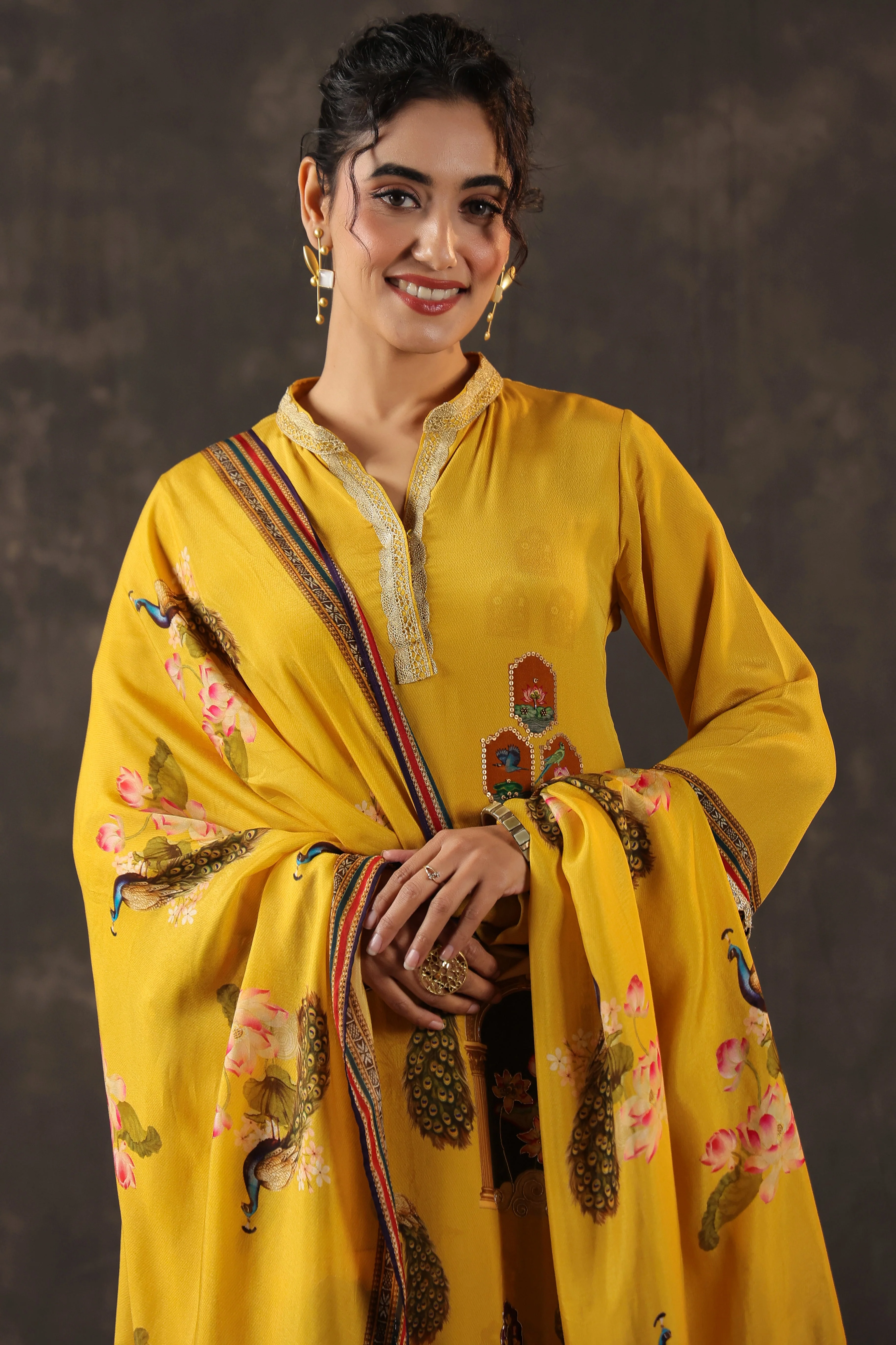 Saffron Yellow Printed Crepe Silk Pant Set - Image 2