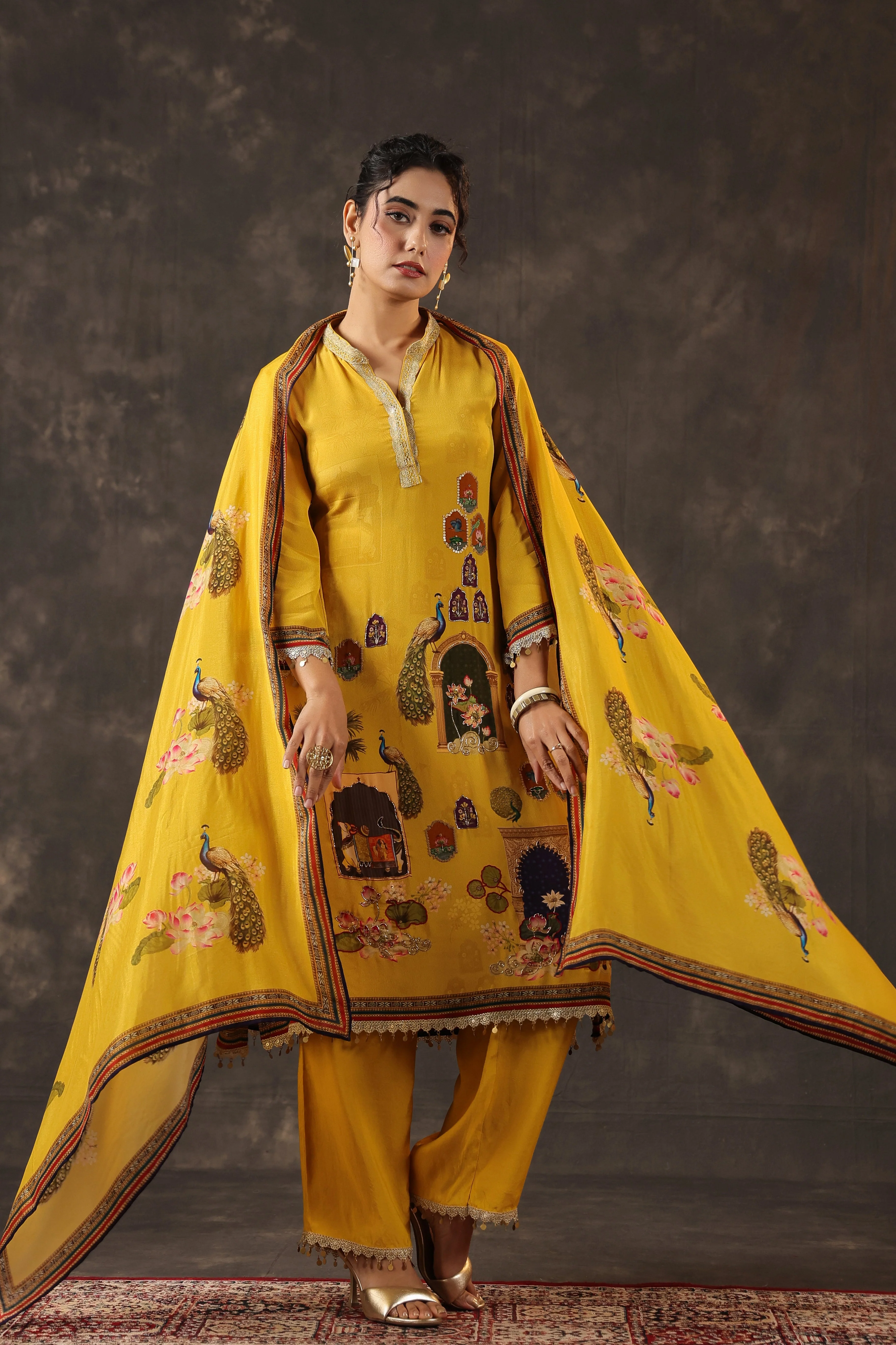 Saffron Yellow Printed Crepe Silk Pant Set - Image 3