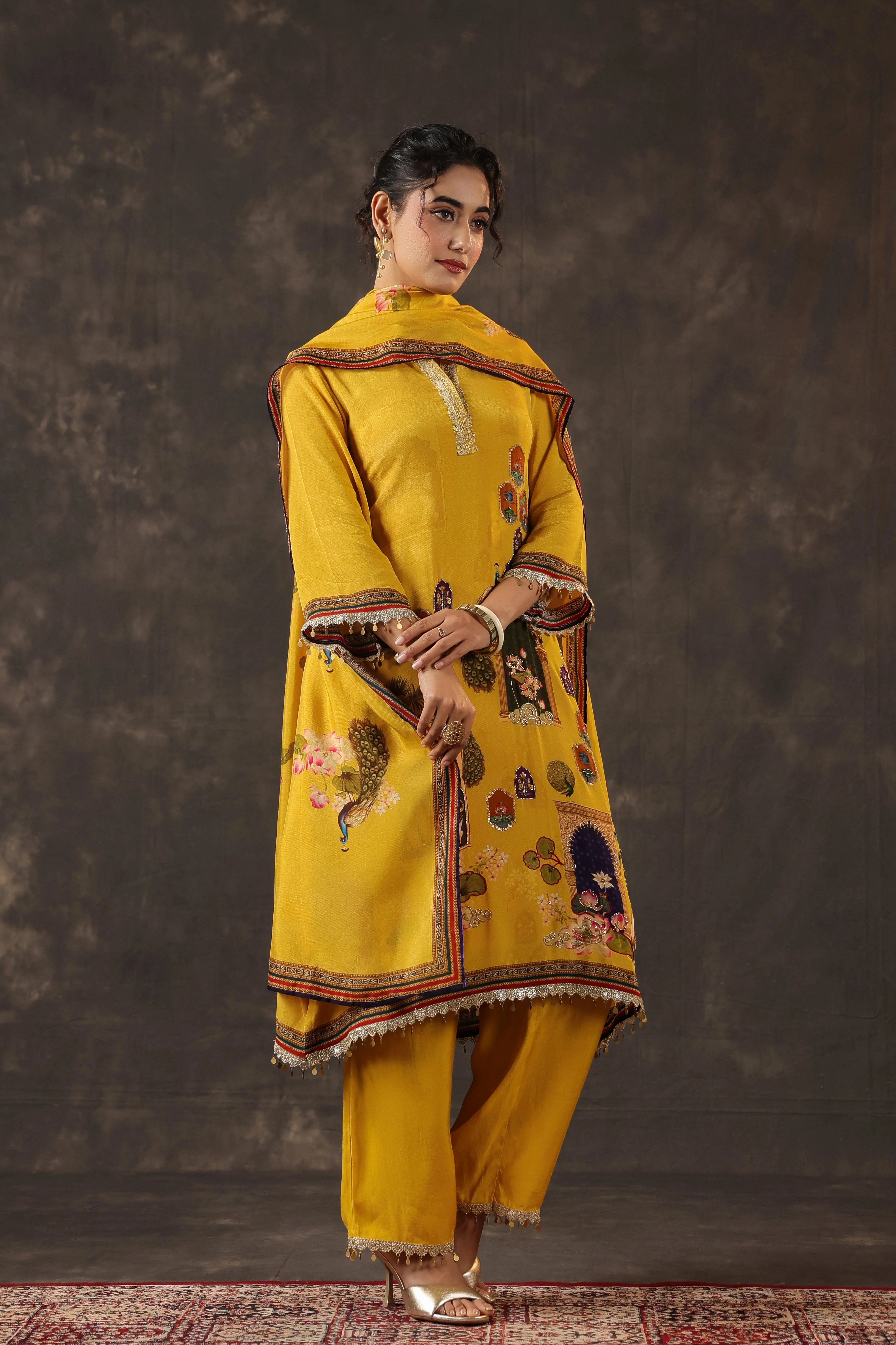 Saffron Yellow Printed Crepe Silk Pant Set - Image 4