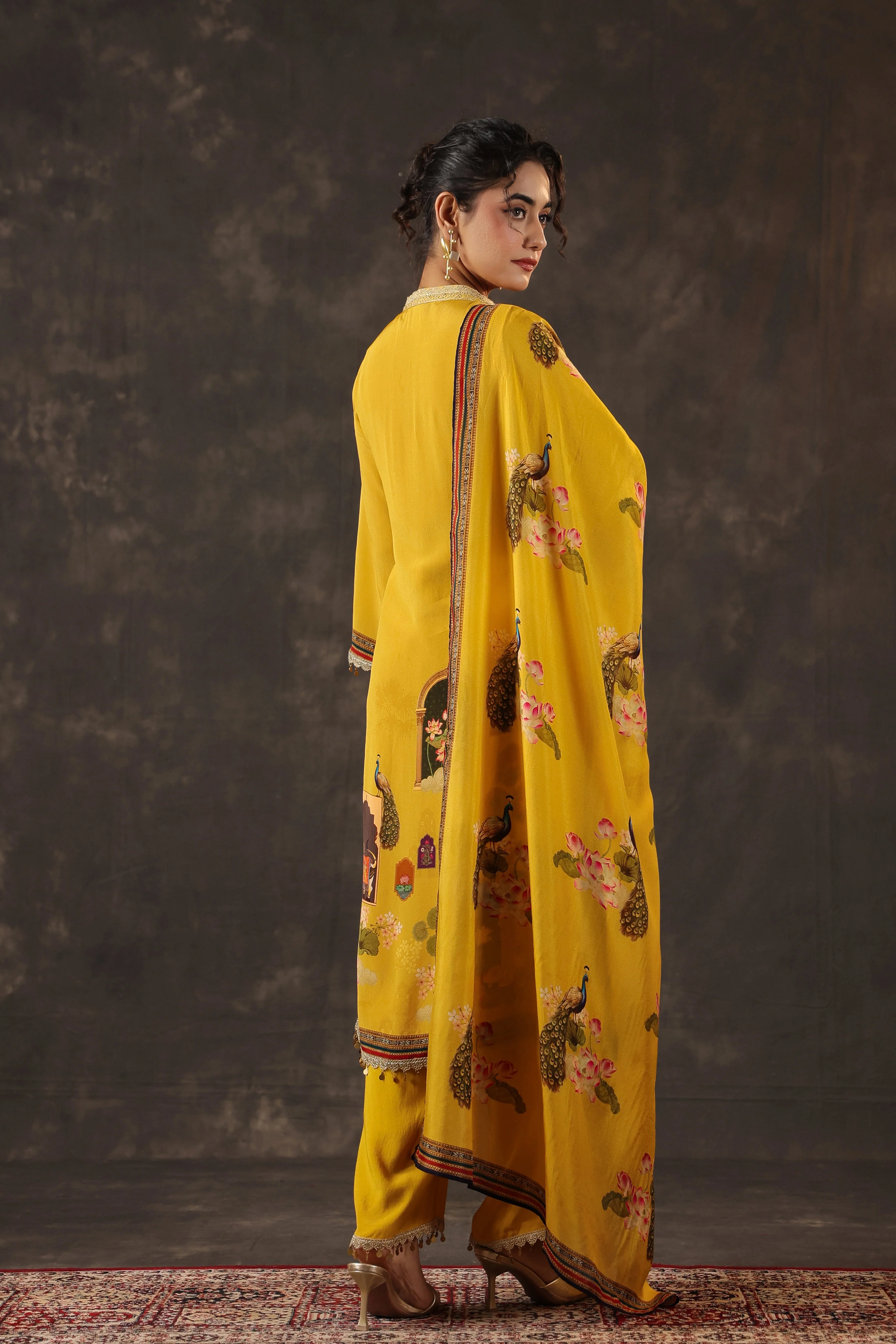 Saffron Yellow Printed Crepe Silk Pant Set - Image 5