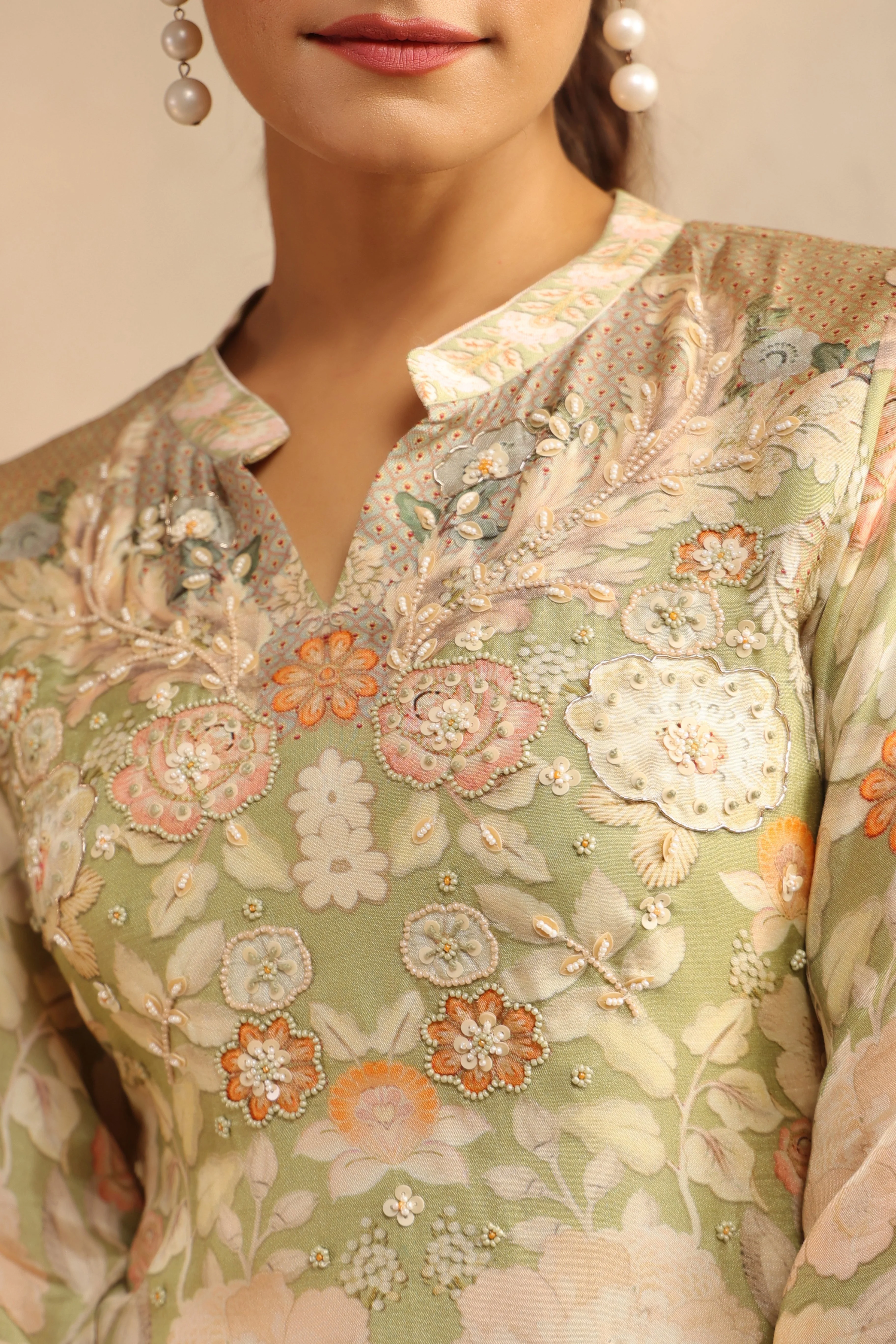 Pistachio Green Printed Chinon Silk Palazzo Set - Image 2