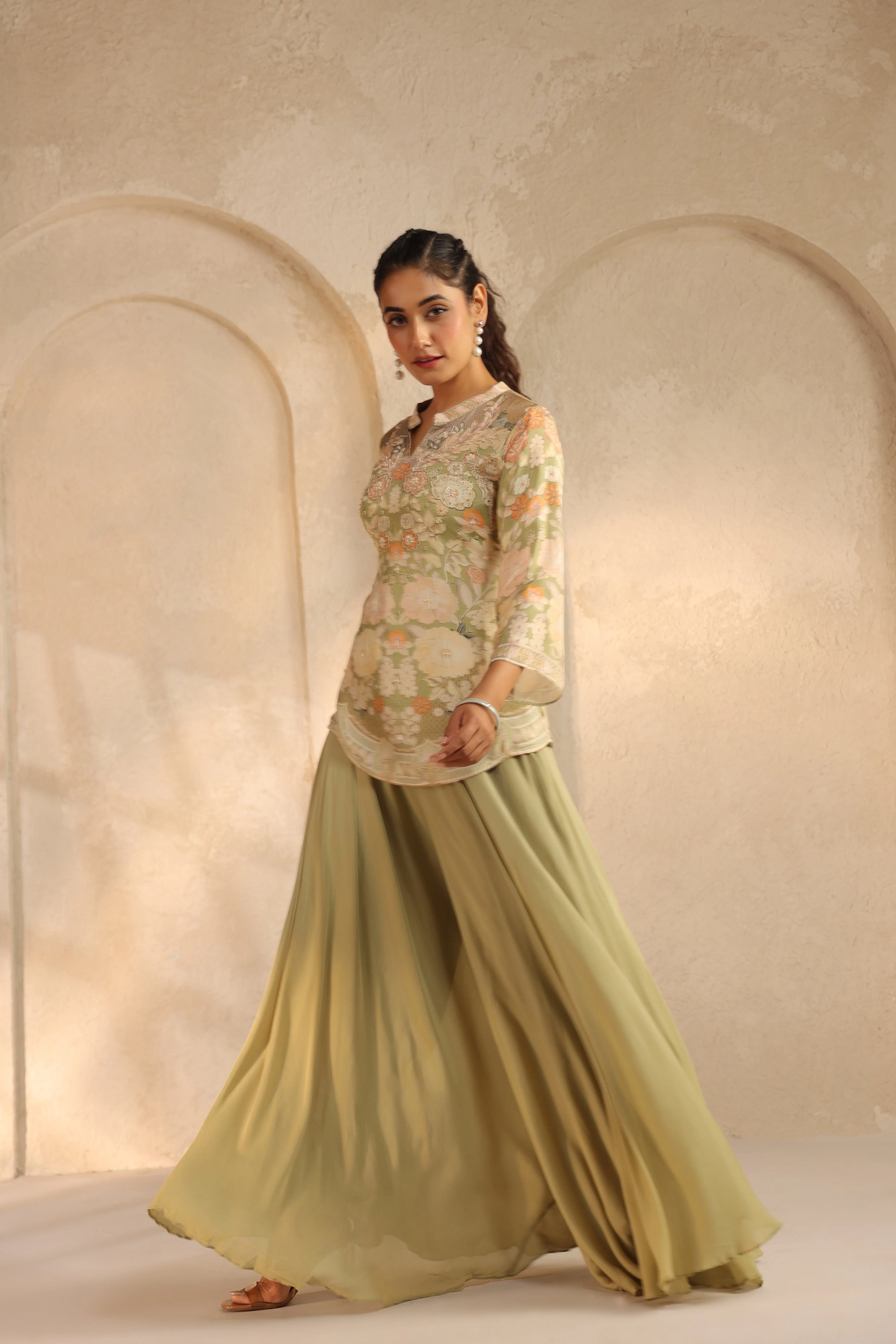 Pistachio Green Printed Chinon Silk Palazzo Set - Image 3