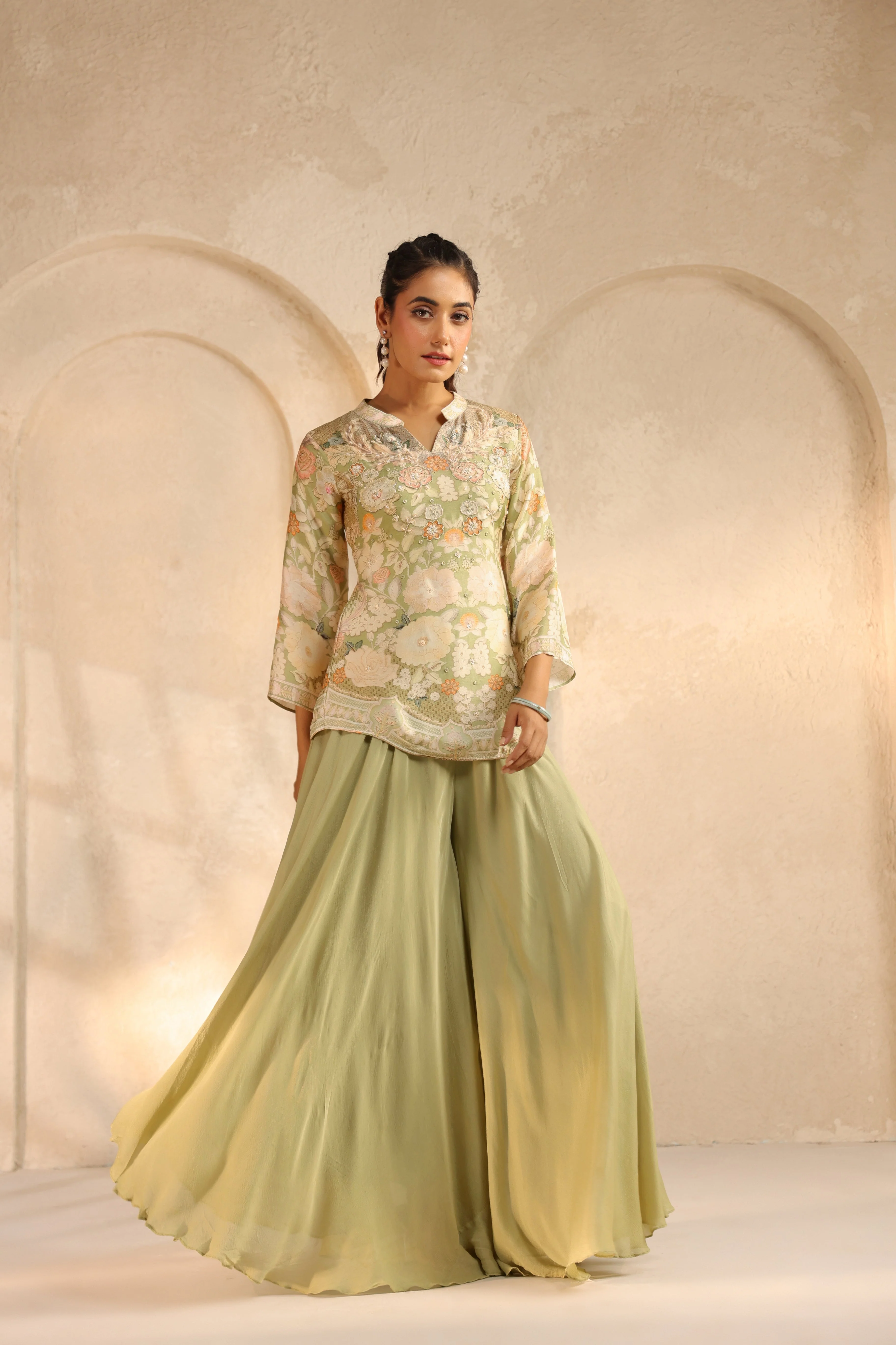 Pistachio Green Printed Chinon Silk Palazzo Set - Image 4