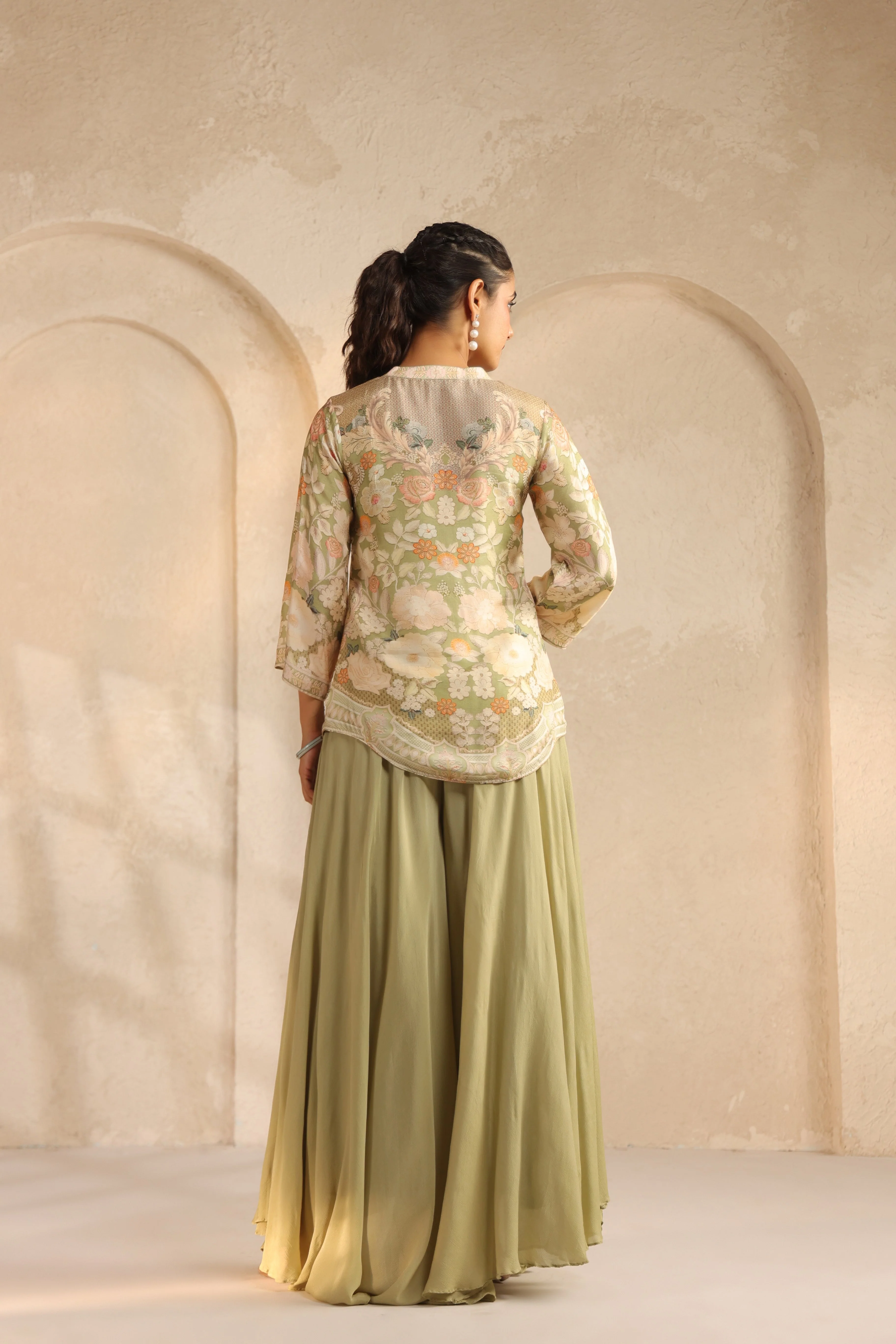 Pistachio Green Printed Chinon Silk Palazzo Set - Image 5