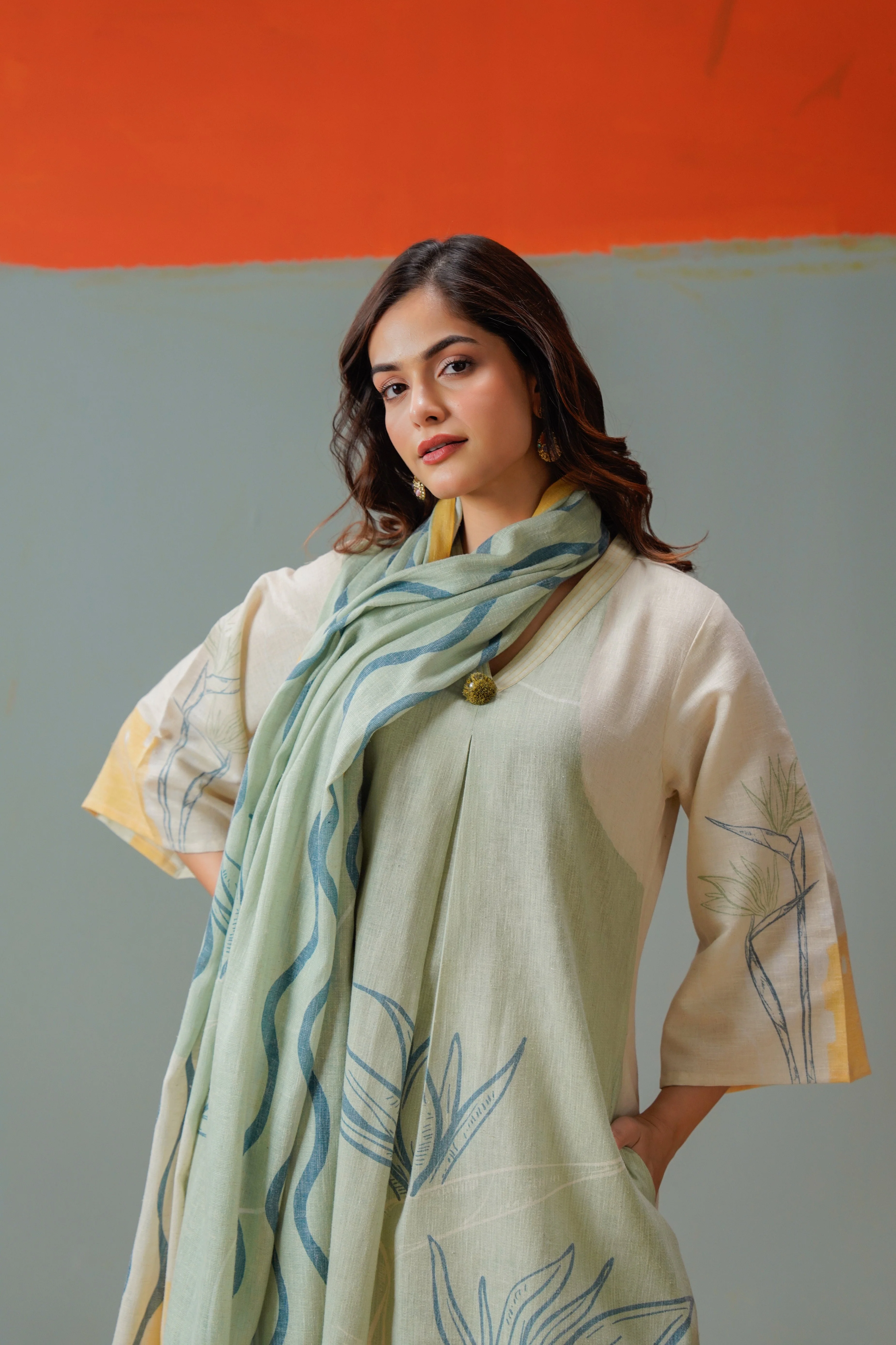 Sage Abstract Printed Linen Pant Set - Image 2